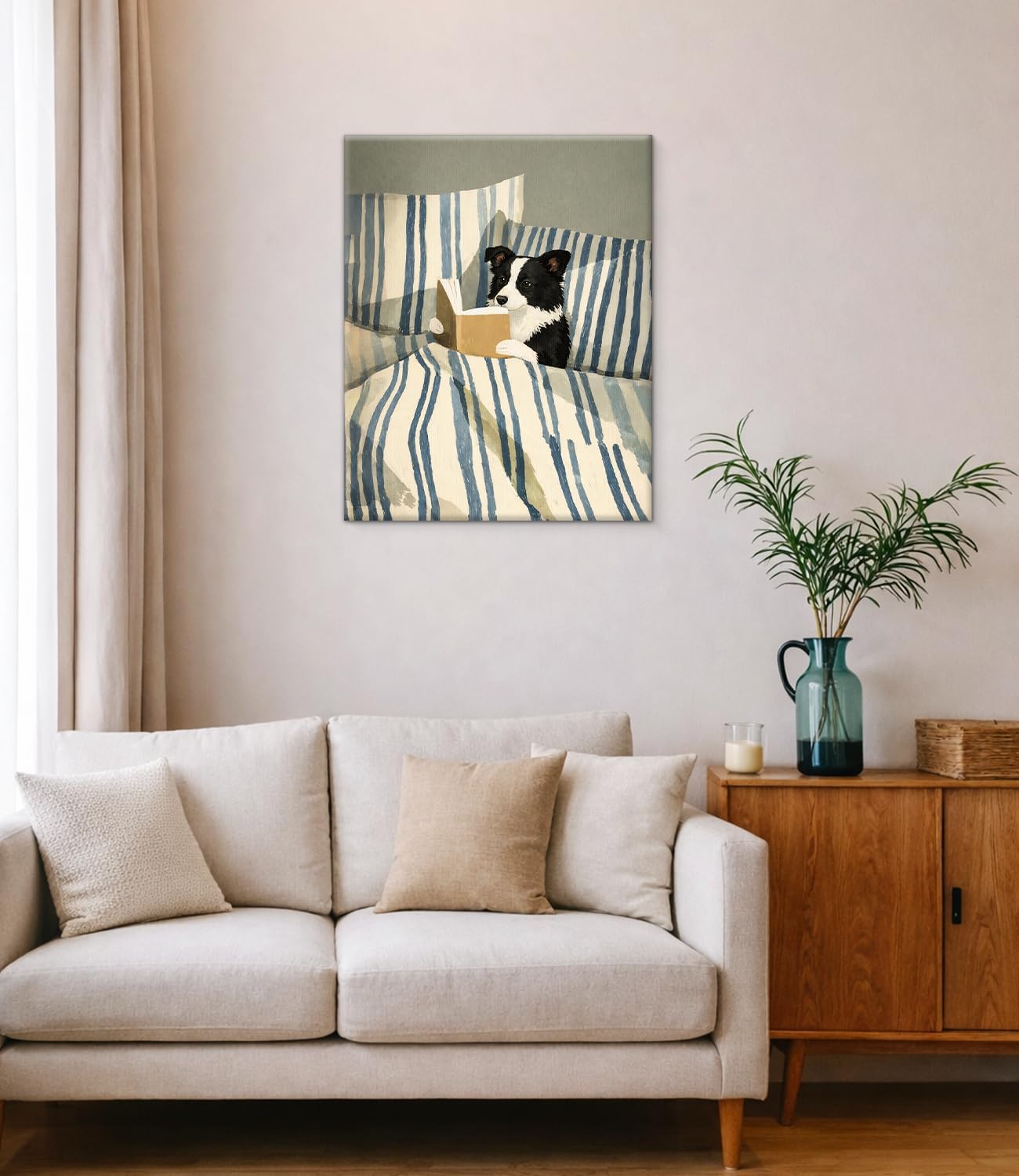 Vintage Dog Reading Wall Art Print - Bookish Border Collie Canvas Poster Painting - Dog Lover Gifts Wall Decor for Home Bedroom 8x10 Inch Framed