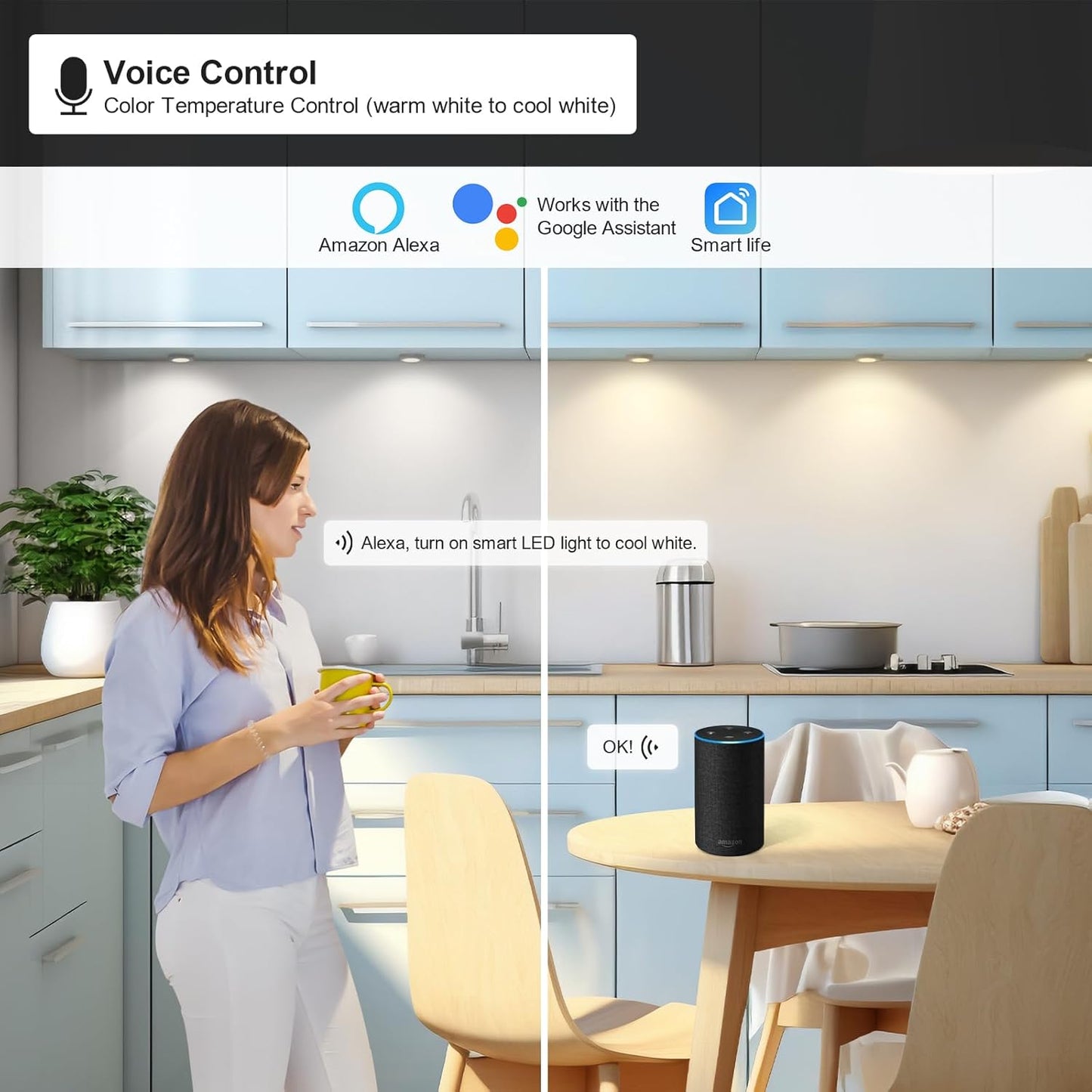 6pack LED Puck Light Kit, 2700-6000K Smart Round Under Cabinet Lighting with APP Control, Compatible with Alexa, Google Assistant, for Under Counter, Kitchen (Black)