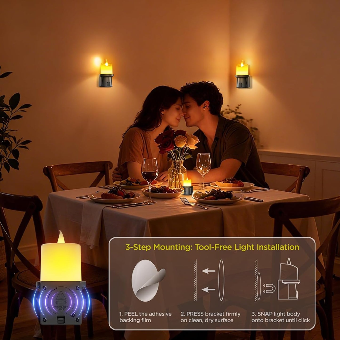 Flameless Candles Night Light with Flickering Flame, Battery Operated LED Night Light, Magnetic Attachment for Easy Placement, Realistic Candlelight for Home, Bathroom, Window Decor (Black, 2 Pack)
