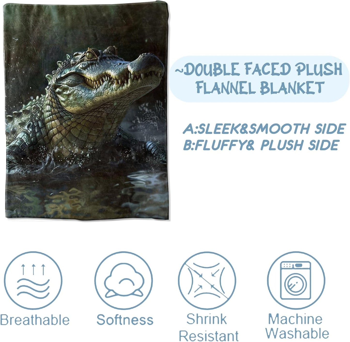 Alligator Blanket for Couch,Bed,Sofa, Soft Cozy Alligator Throw Blanket for All Season Alligator Decor Alligator Gift, Flannel Plush Blanket Lightweight Comfy for Adult Kids 80”×60”