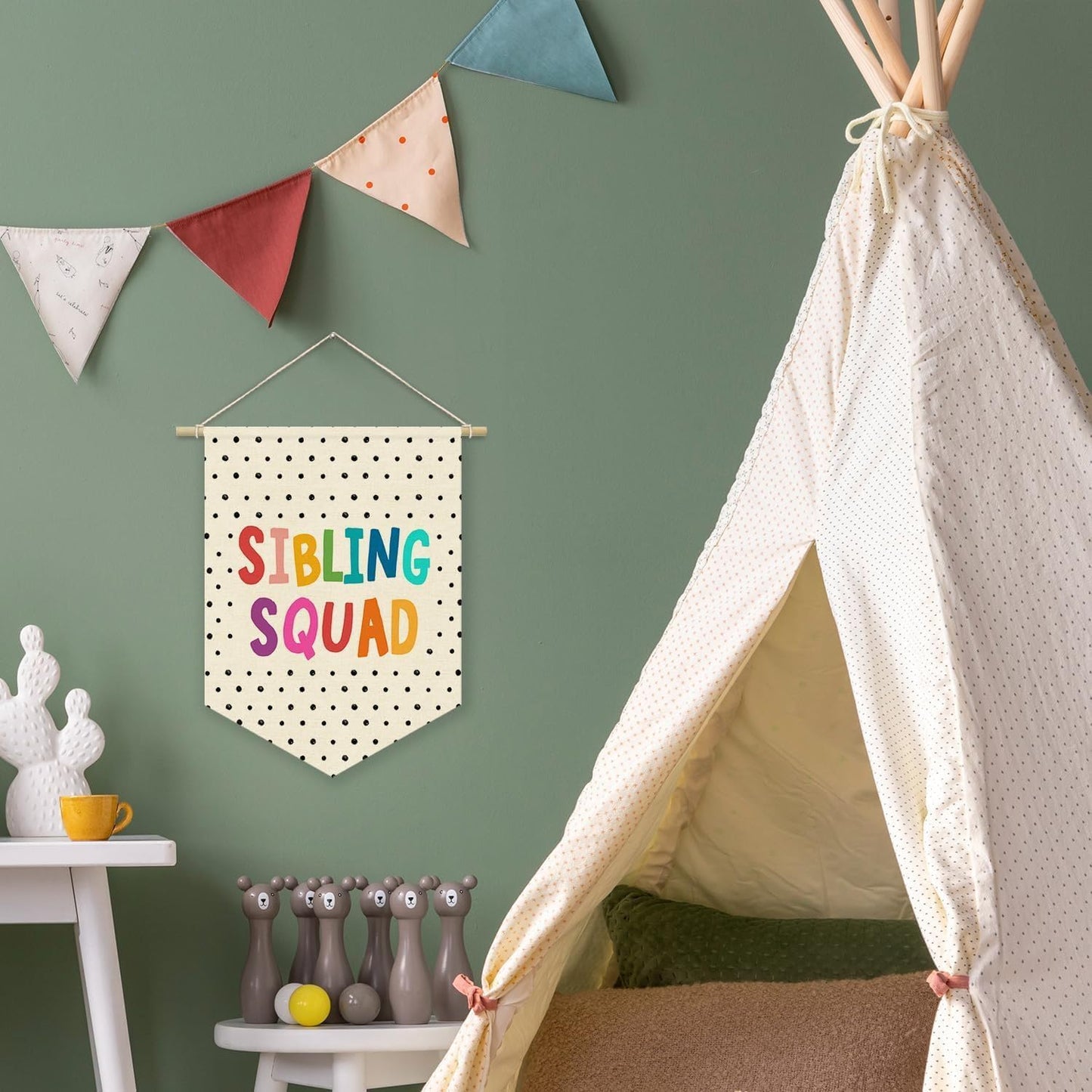 Girl Nursery Decor Canvas Banner,Nursery Bedroom Playroom Wall Art Decorations,Nursery Hanging Sign with Rope (Sibling Squad)