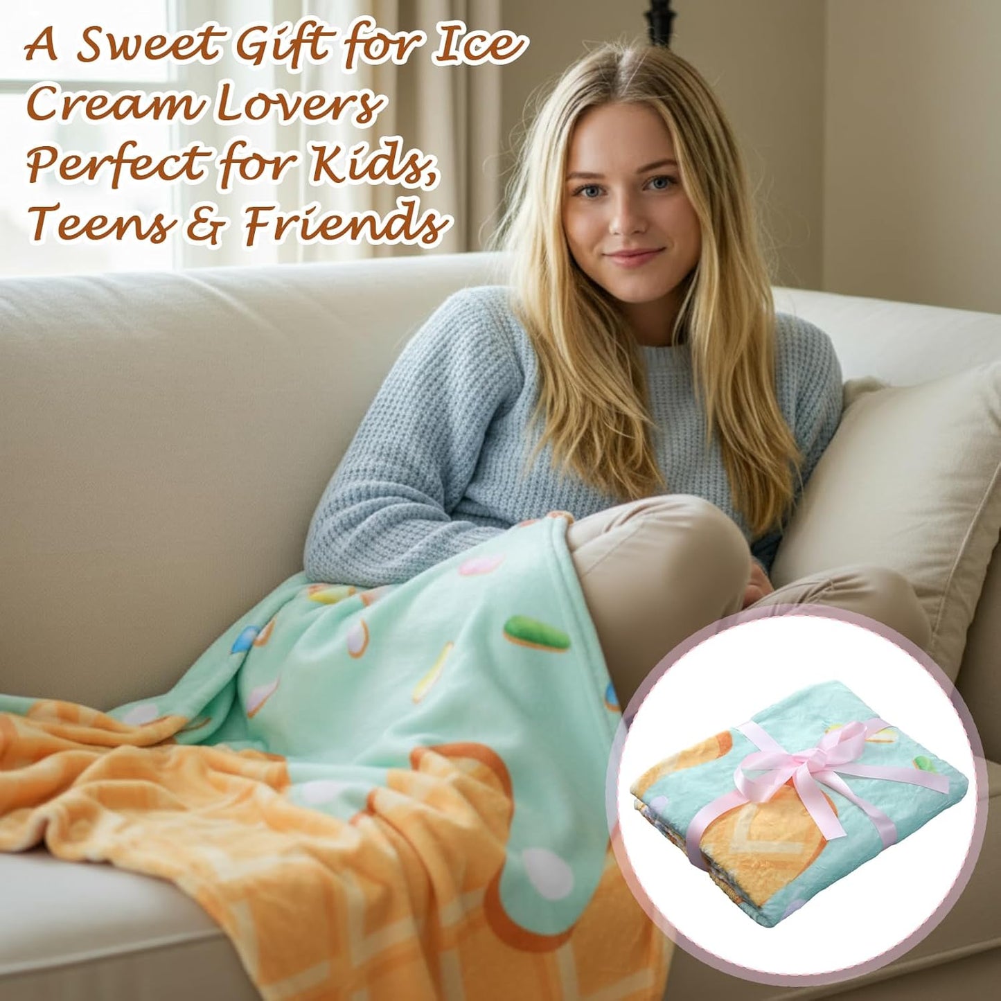 6 Pack Ice Cream Throw Blankets Cute Dessert Flannel Blanket Soft Cozy Aesthetic Throw for Couch Bed Dorm Room Decor Ice Cream Party Favors Summer Party Gifts