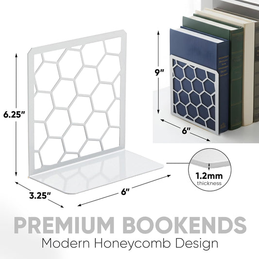 GEOMOD Geometric Honeycomb Gray Metal Bookends Decorative - Tall Sturdy Book Ends for Shelves - Modern Heavy Duty Bookend Stopper - Office or Home Book Shelf Book Holder - 6x3.25x6.25 Inches - 1 Pair