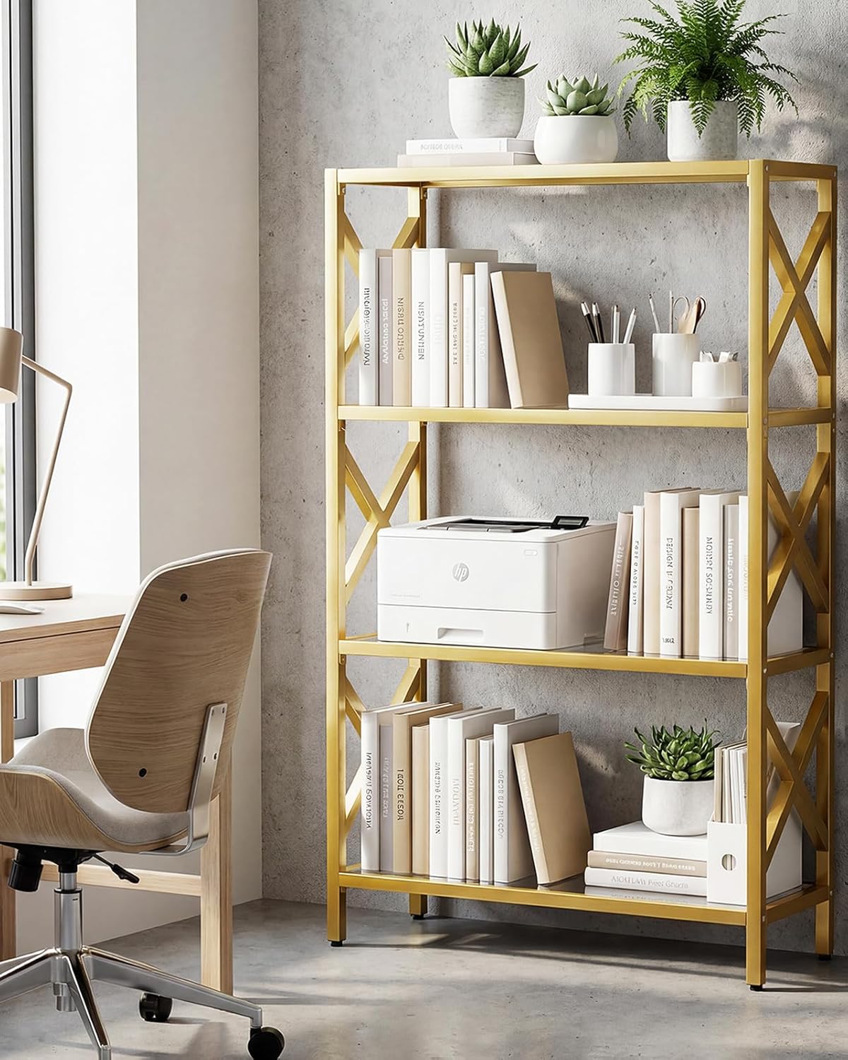Homieasy 4 Tier Gold Bookshelf with LED Lights, Tempered Glass Display Shelf with Metal Frame, Modern Bookcase with X-Side Guards, Luxury Storage for Living Room, Bedroom & Office