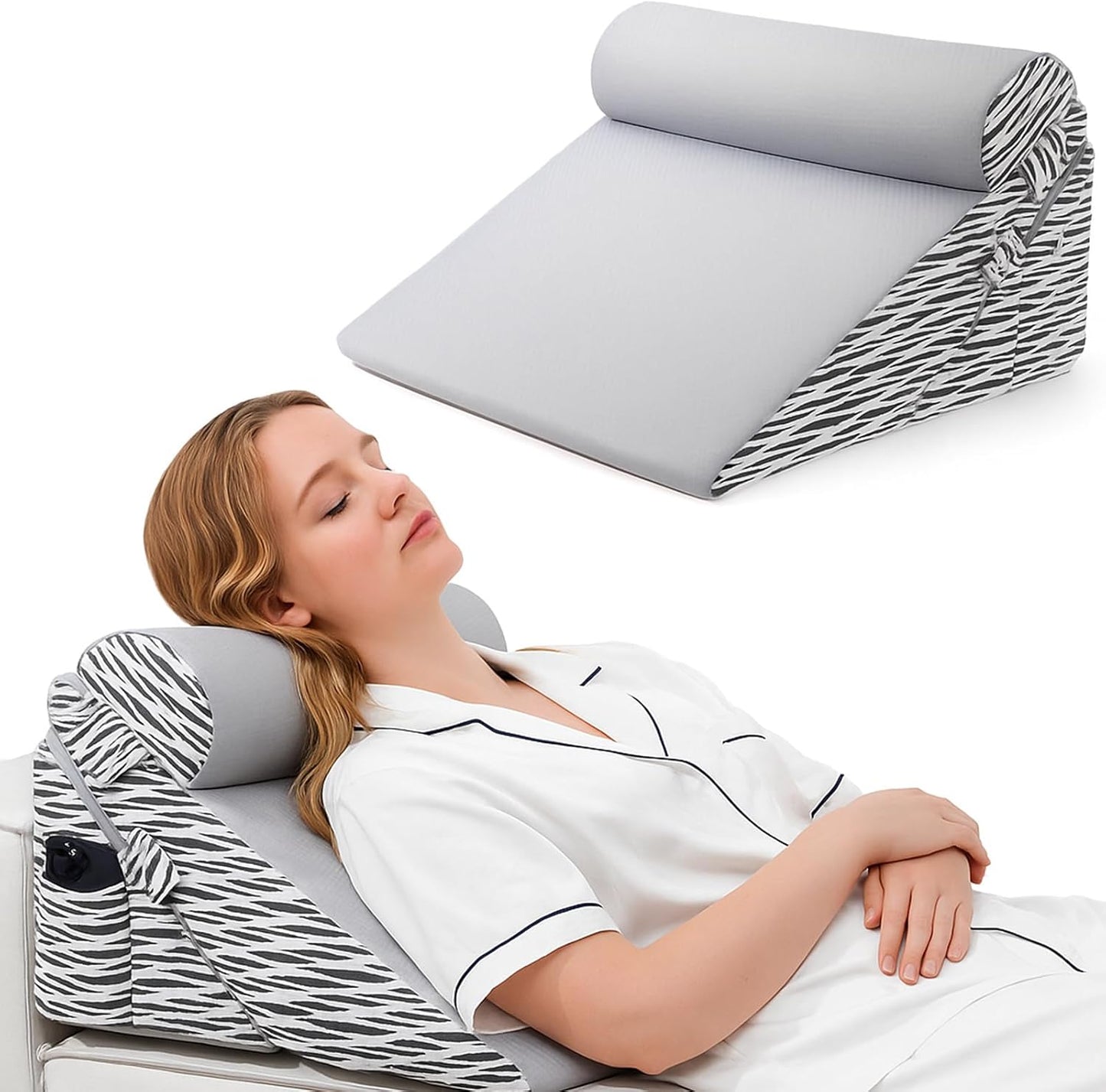 Lewondr Wedge Pillow for After Surgery, Adjustable Bed Wedge Pillow for Headboard Set with Side Pockets Fastener for Sleeping, Snoring, Back Pain & Acid Reflux Relief