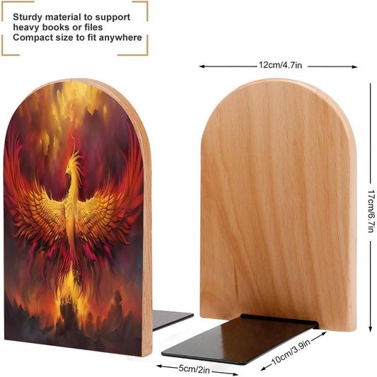 Fantasy Phoenix Wooden Bookend Non-Slip Book Ends Heavy Duty Book Stopper with Metal Base Books Holderd Decorative Bookends Stands Firmly for Office Supplies