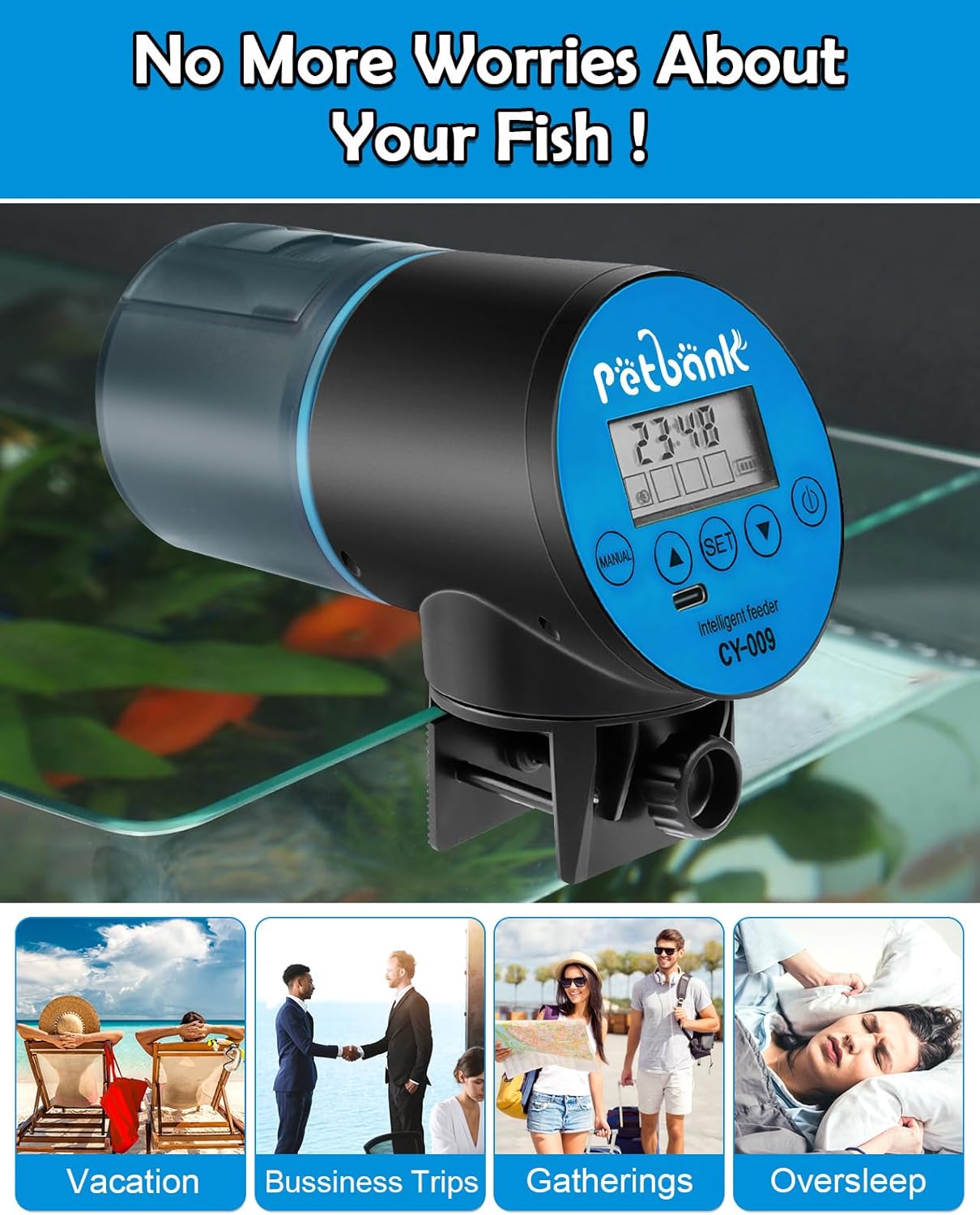 Automatic Fish Feeder for Aquarium - Rechargeable Fish Food Auto Dispenser Vacation Turtle Feeder with USB Charger Cable，LCD Screen, Customized Schedule (Blue)