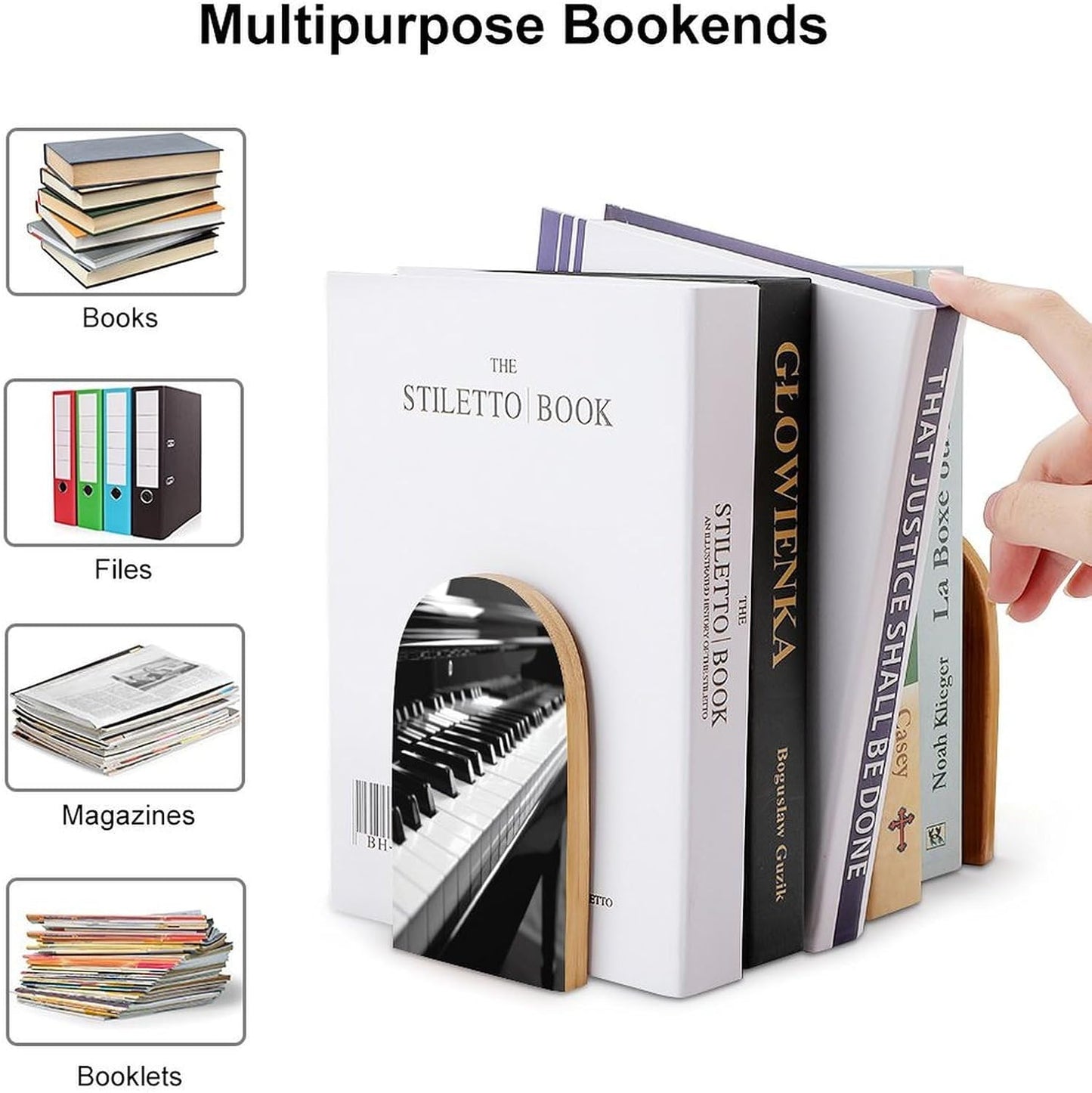 Black White Piano Keyboard Bookends 1 Pair Heavy Duty Book Ends for Shelves Non-Skid Bookend Supports Wooden Book Holders with Metal Base Desk Organizers Books Storage to Hold Books