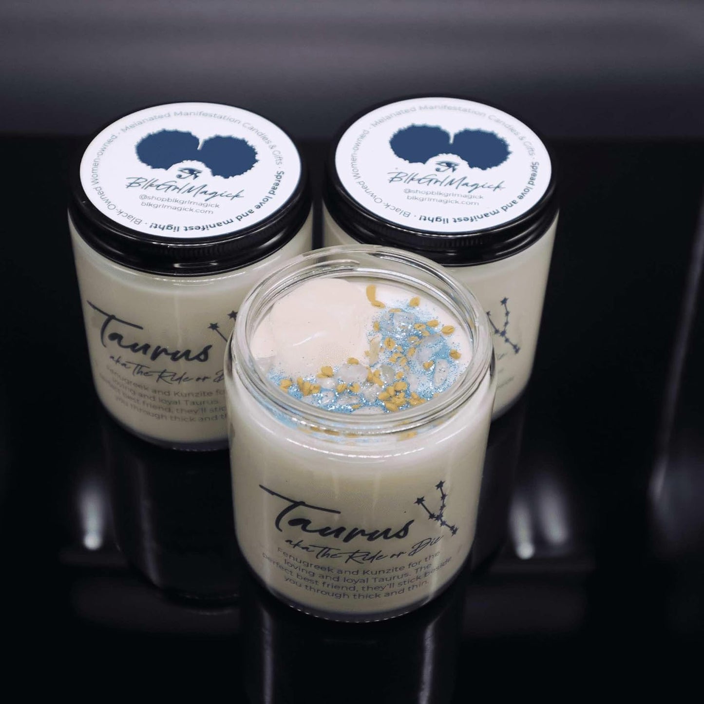 BlkGrlMagick TAURUS Zodiac Crystal Candle, White Tea Leaves Scent Kunzite, Rose Quartz, Fenugreek, Handmade April May Birthday Candles, Astrology Gifts for Sun Moon Rising Sign (16oz Jar)