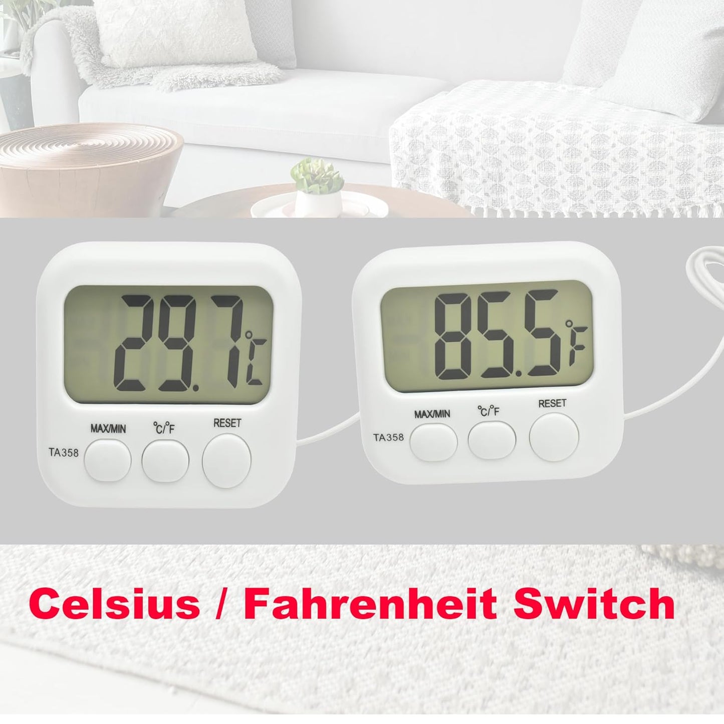 Small Digital Thermometer ON/Off Switch Indoor/Outdoor Meter Gauge with 3ft/1M Probe Sensor
