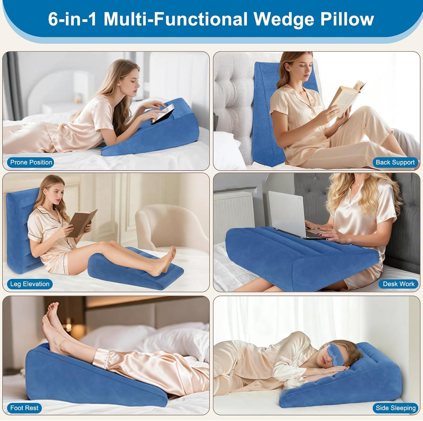 TheClover Inflatable Travel Wedge Pillow Portable -with Sleep Eye Mask for Side Sleeper Comfort,Inflatable Triangle Back Support Pillow for Reading, Relaxing & Sleeping,Blue