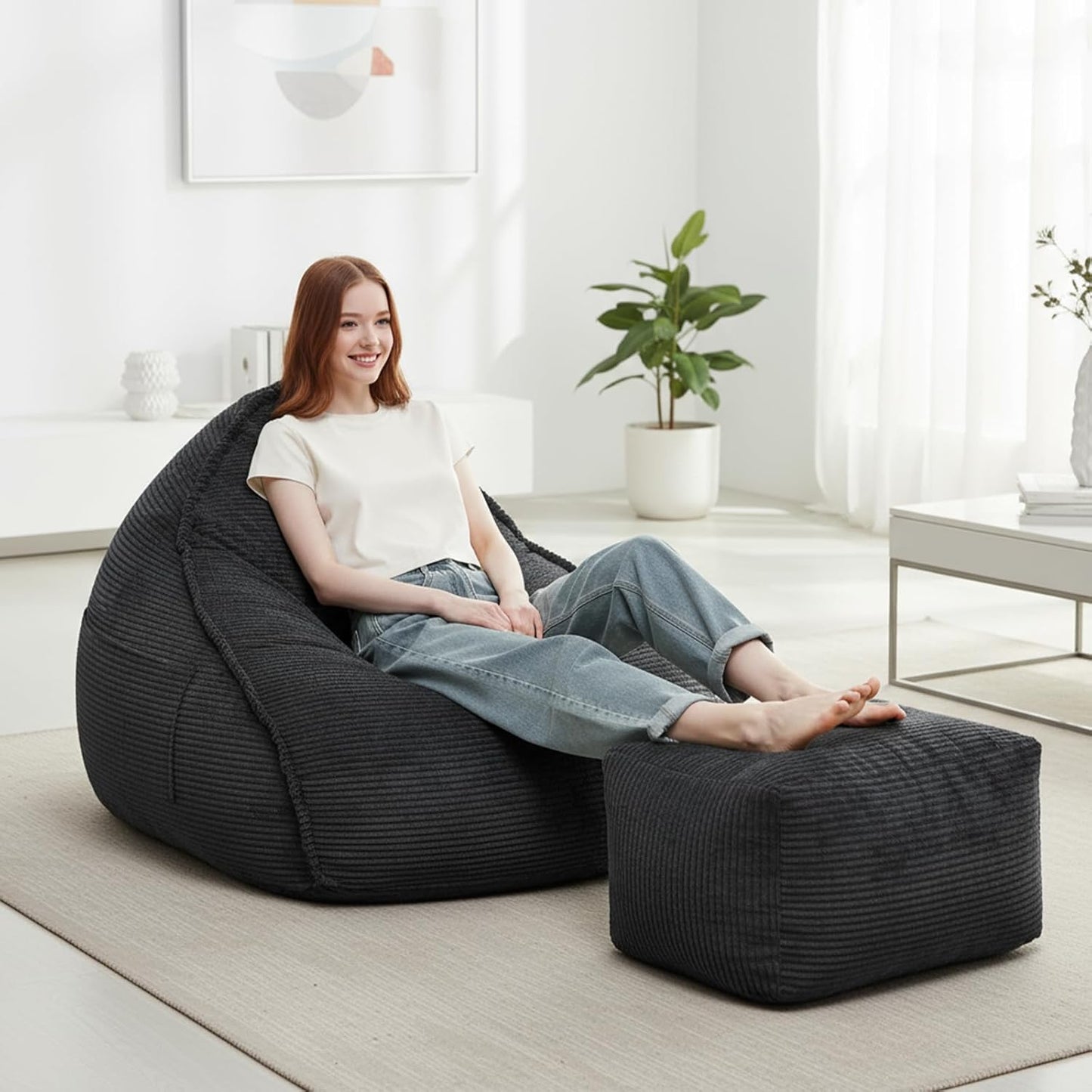 Bean Bag Chair with Ottoman for Adults, Large Corduroy Bean Bag Couch, Boneless Chaise Lounge Reading Chair with High-Resilience Foam, Floor Lounger for Bedroom Living Room (Black)