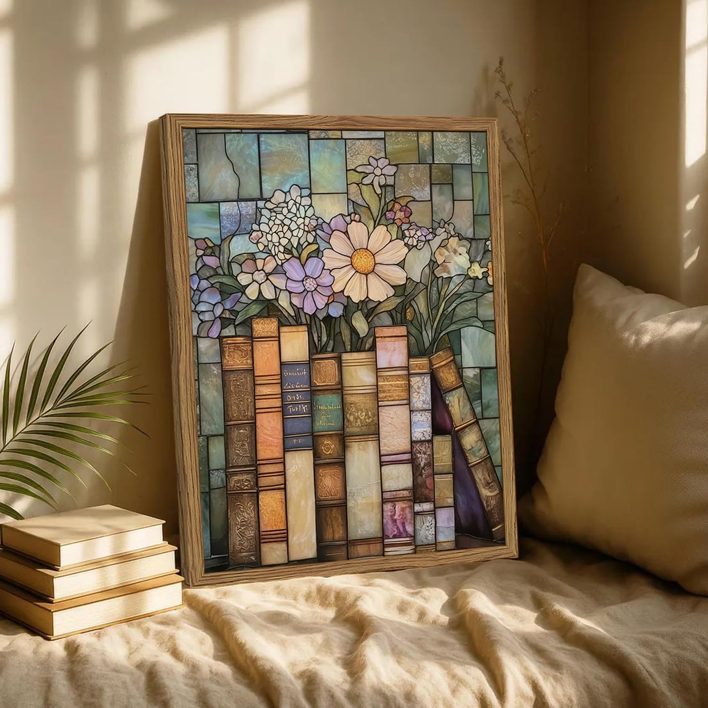 YYNISPIN Vintage Book Wildflower Wall Art Moody Stained Glass Book Lover Wall Decor Painting, Whimsical Reading Nook Library Poster Canvas Prints for Cottage Bedroom Living Room 12x16 inch Frame