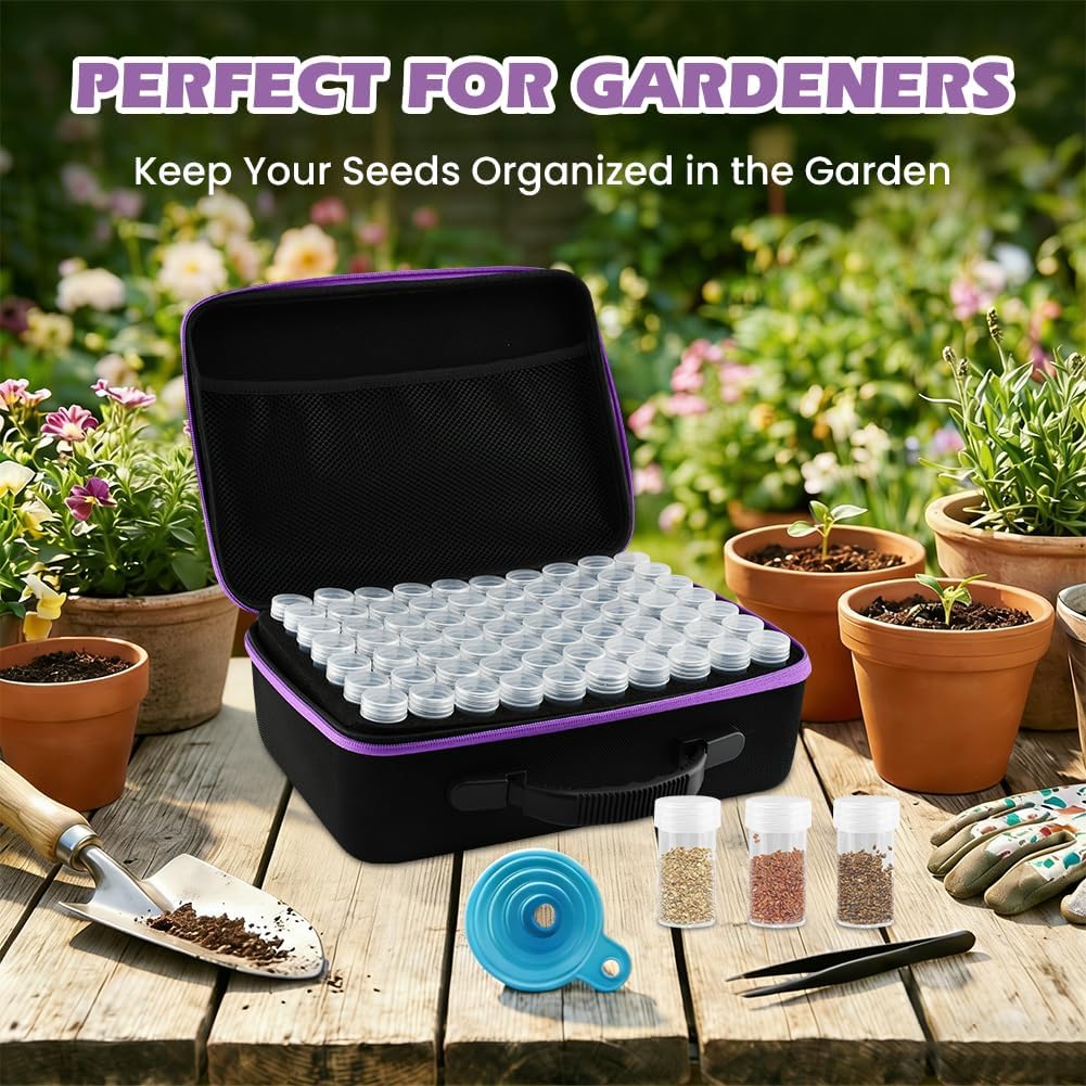 Seed Storage Organizer Box with 140 Slots and Plastic Bottles, Portable Garden Seed Vault Kit with Envelopes,Labels,Funnel,Tweezers, Lightproof EVA Storage Case for Home Gardening