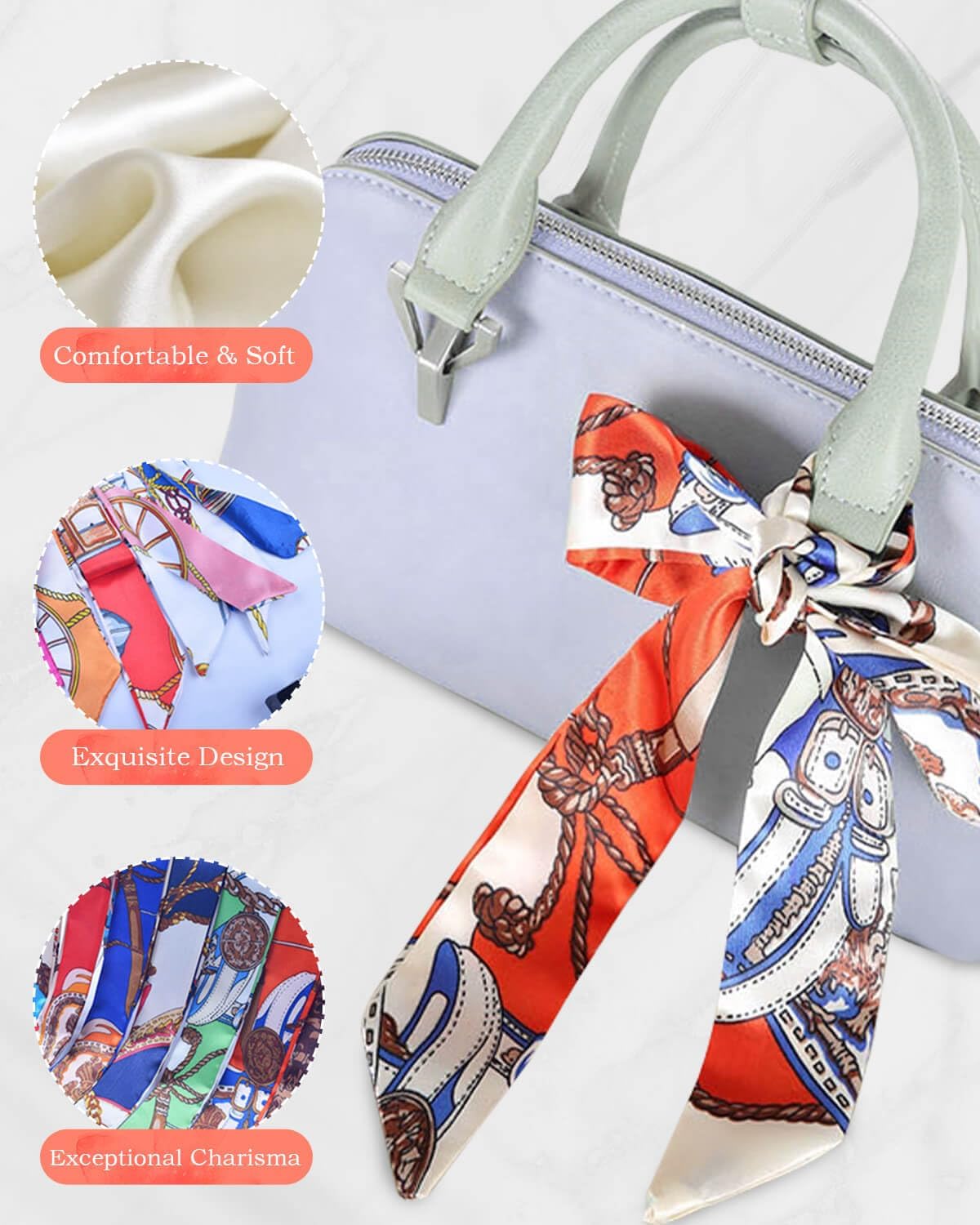 6 Pack Scarf Bags for Women Narrow Handbag Handle Wrap Ribbon Neckerchief Scarf Hair Neck Scarves Fashion Gifts
