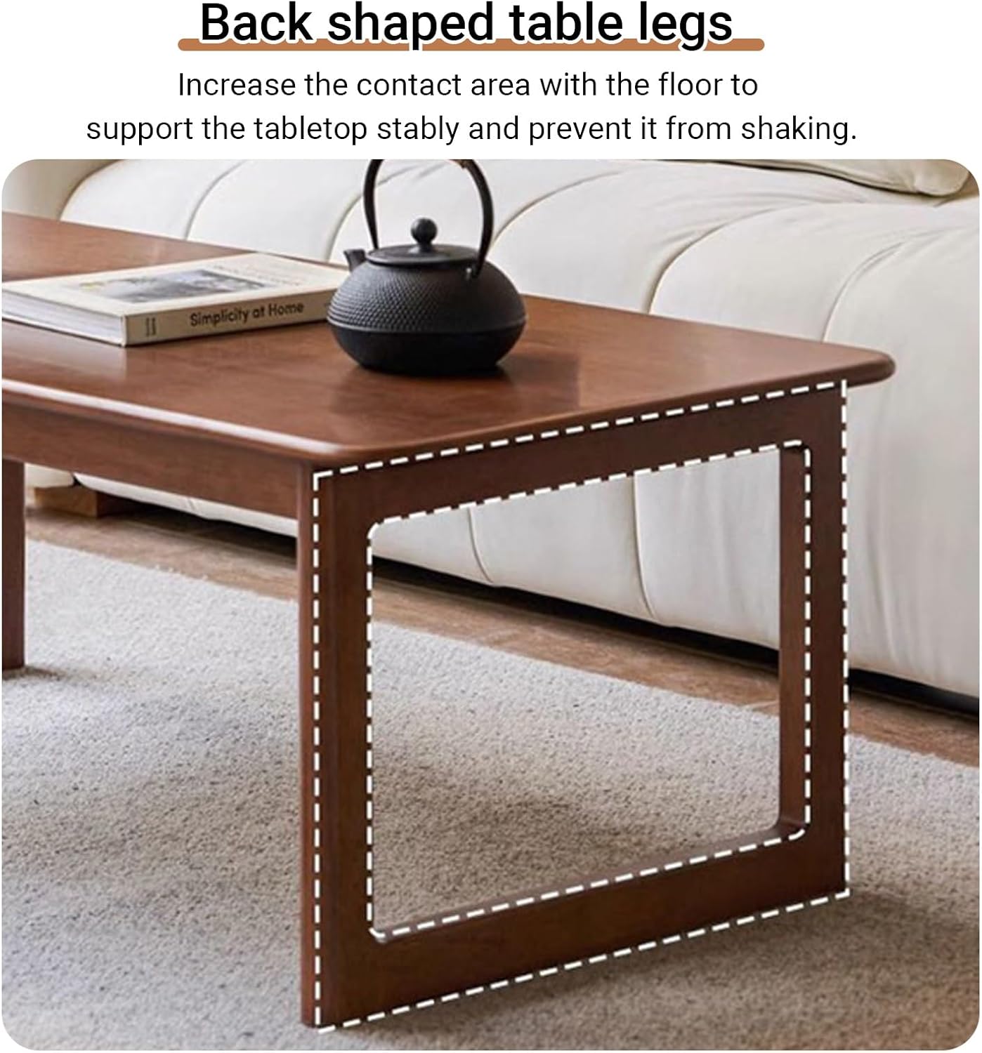 New Chinese Solid Wood rectangular Coffee Table Farmhouse Rubberwood Center Low Table for Living room Stable Zen-Inspired Tea Tables Rounded corners Space Saving(Wood,120*56*42cm/47.2*22*16.5in)
