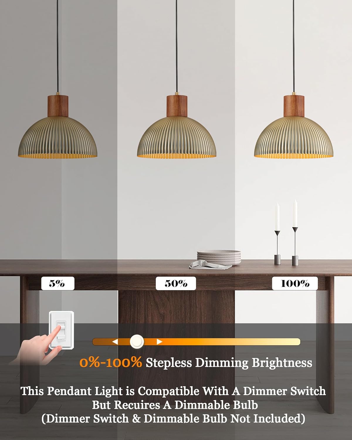 ELYONA Vintage Ash Wood Dome Pendant Light 12" Hanging Lamp with Brushed Brass Metal Shade & Gold Inner Finish, Modern Pendant Light Fixtures for Kitchen Island Dining Room Bedroom Living Room Hallway