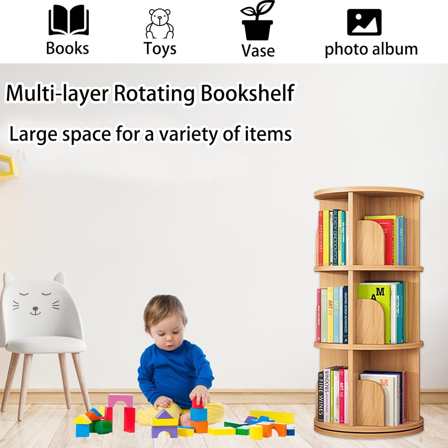 Solid Wood Rotating Bookshelf, 3-Tier 360° Spinning Bookcase Tower, Stackable Adjustable Book Shelf Organizer for Small Spaces, Corner Standing Storage for Home Office, Living Room & Kids Room