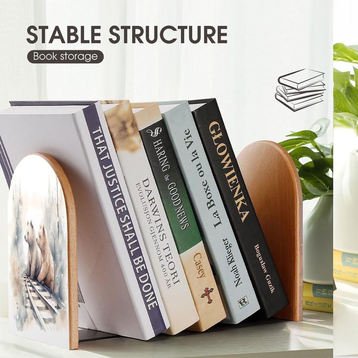 Bear on Train Tracks Bookend for Shelves Wooden Book End Large Size Sturdy Book Holders Stoppers with Metal Base for Bookshelves Slick Decorative Bookends Stands