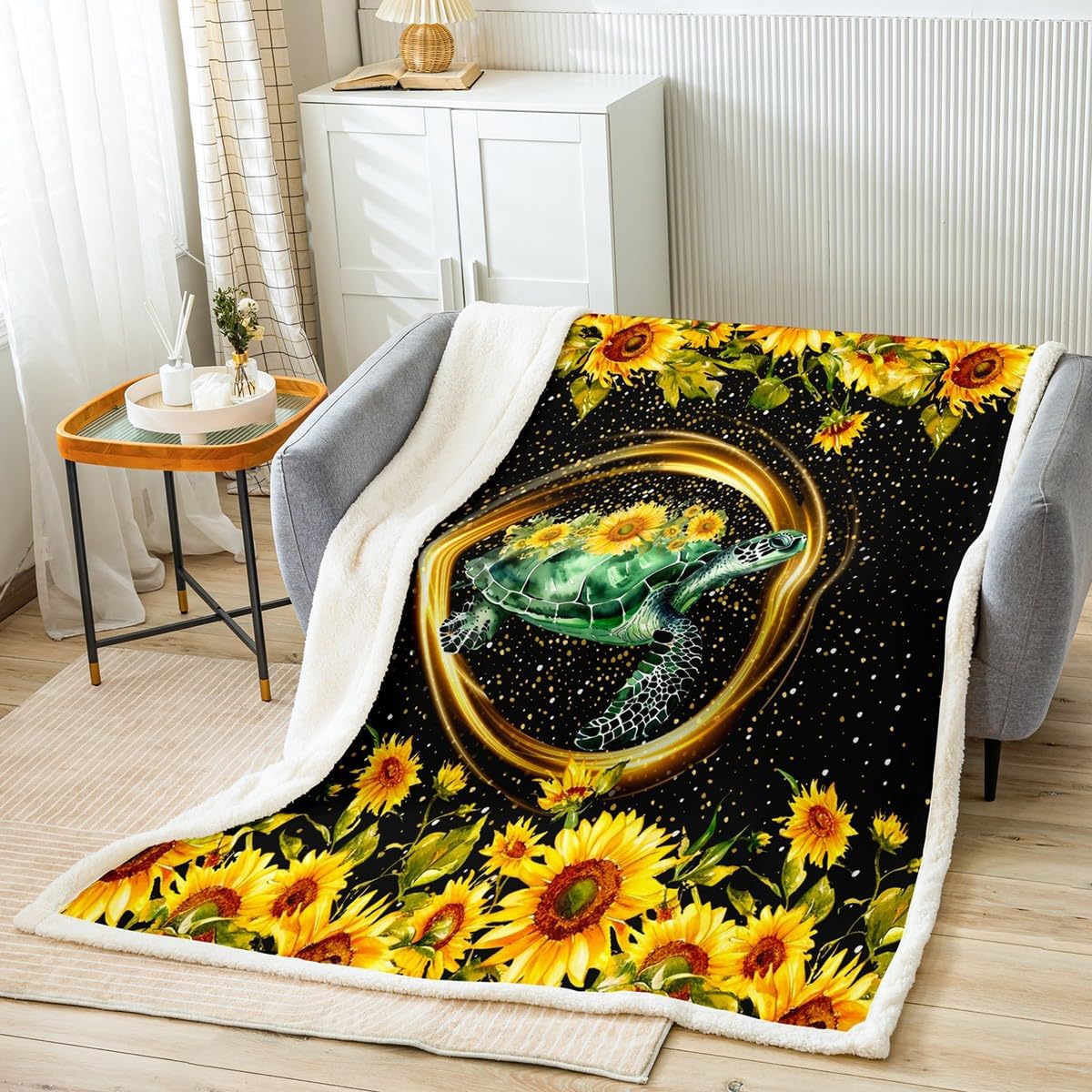 Feelyou Girls Sunflowers Throw Blanket Sea Turtle Sherpa Blanket for Bed Sofa Couch Kids Bedroom Floral Ocean Marine Reptile Decor Fleece Throw Blanket Sunflower Tortoise Plush Blanket Throw 50"x60"