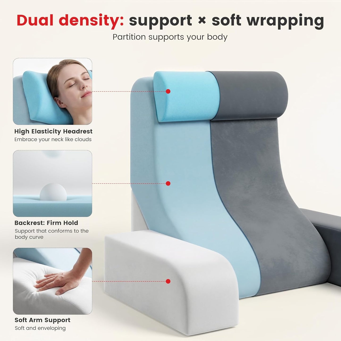 Reading Pillow for Sitting in Bed Adult, 22" Back Pillow for Bed Sitting up with Armrests & Storage Pockets, Ergonomic Wedge Pillow for Watching TV, Gaming, Working, Recovery, 5PCS, Grey