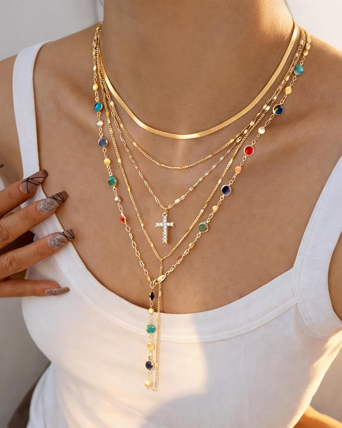 FAXHION 5PCS 14k Gold Plated Cross Necklaces for Women, Pendant Stacked Layered Diamond Y Long Boho Jewelry Sets Adjustable Accessories Trendy Gifts for Women
