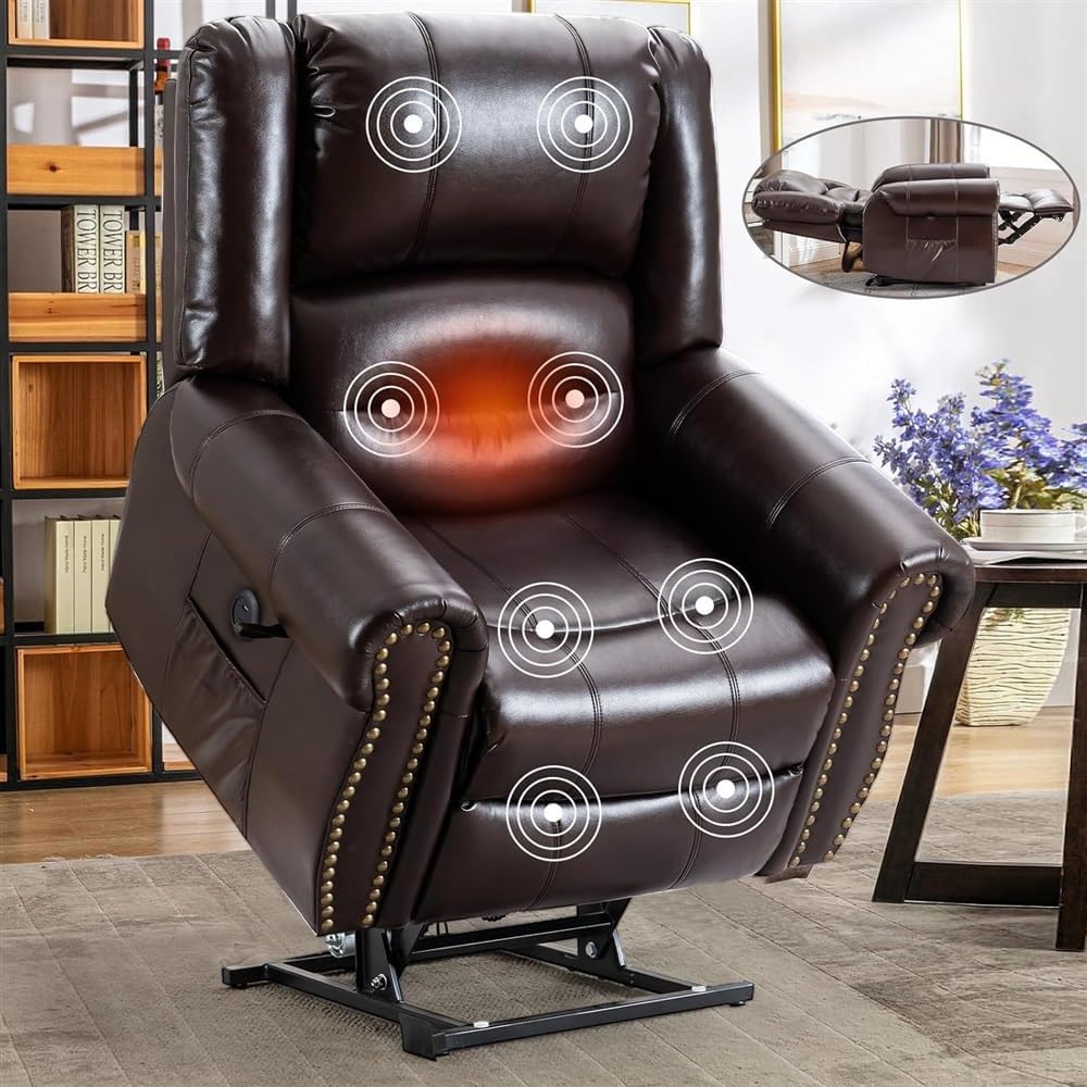 Leather Dual Motor Large Power Lift Recliner Chair for Adults with Heat & Massage, Lay Flat & Infinite Position Electric Recliner with USB Ports, Remote Control for Living Room