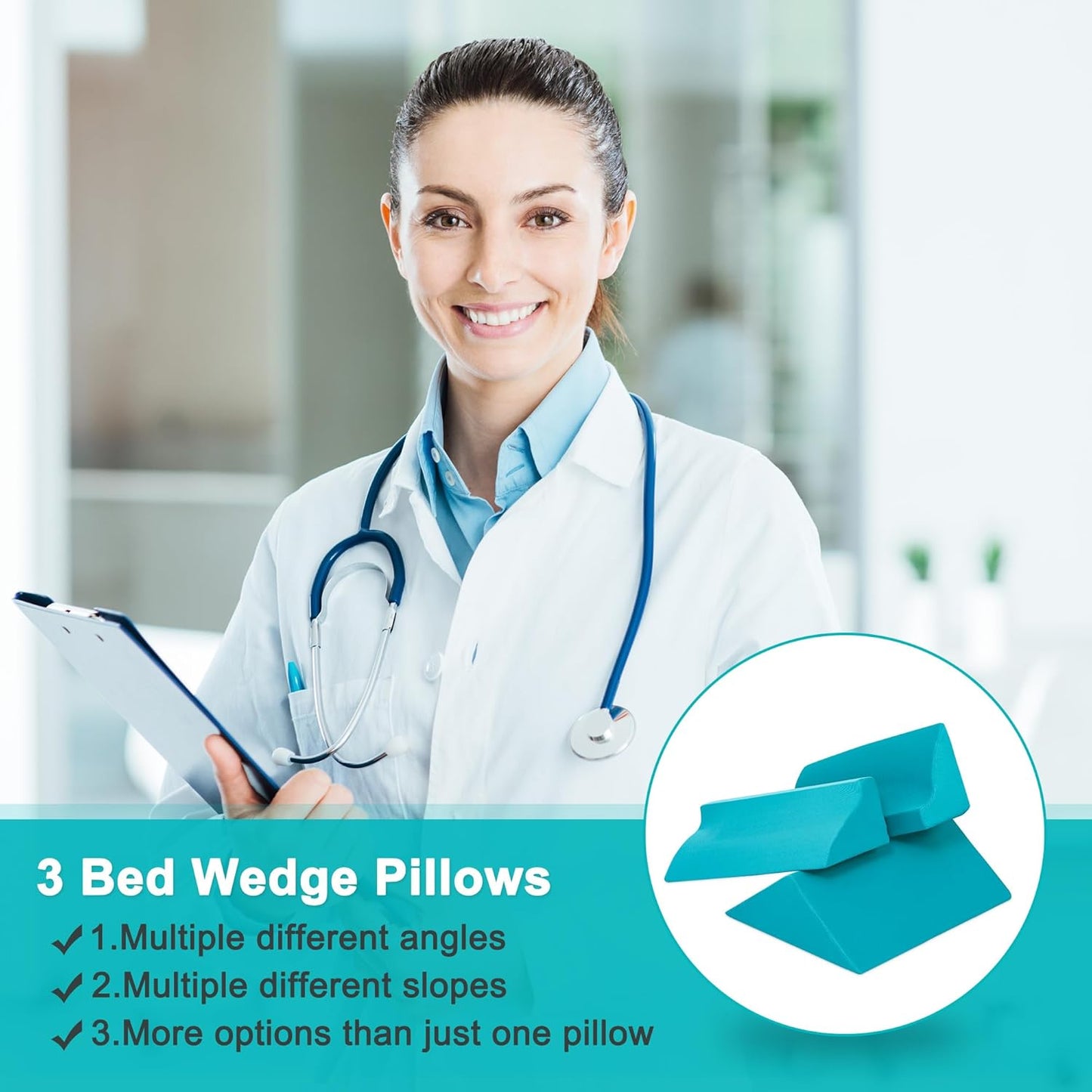 3-in-1 Side Wedge Pillow,Wedge Pillow for Back Pain Relief,Foam Wedges for Positioning in Bed,Positioning Wedges for Bed Sores,for Seniors,Caregivers,Side Sleepers,After Surgery,Green