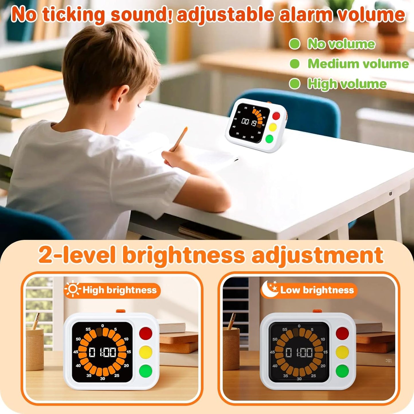 PHILORN Digital Visual Timer for Kids, with Coloured Progress bar, 60-Minute Countdown and Adjustable Volume and Brightness for Calm Transitions, Classroom & Home Kitchen Cooking Baking