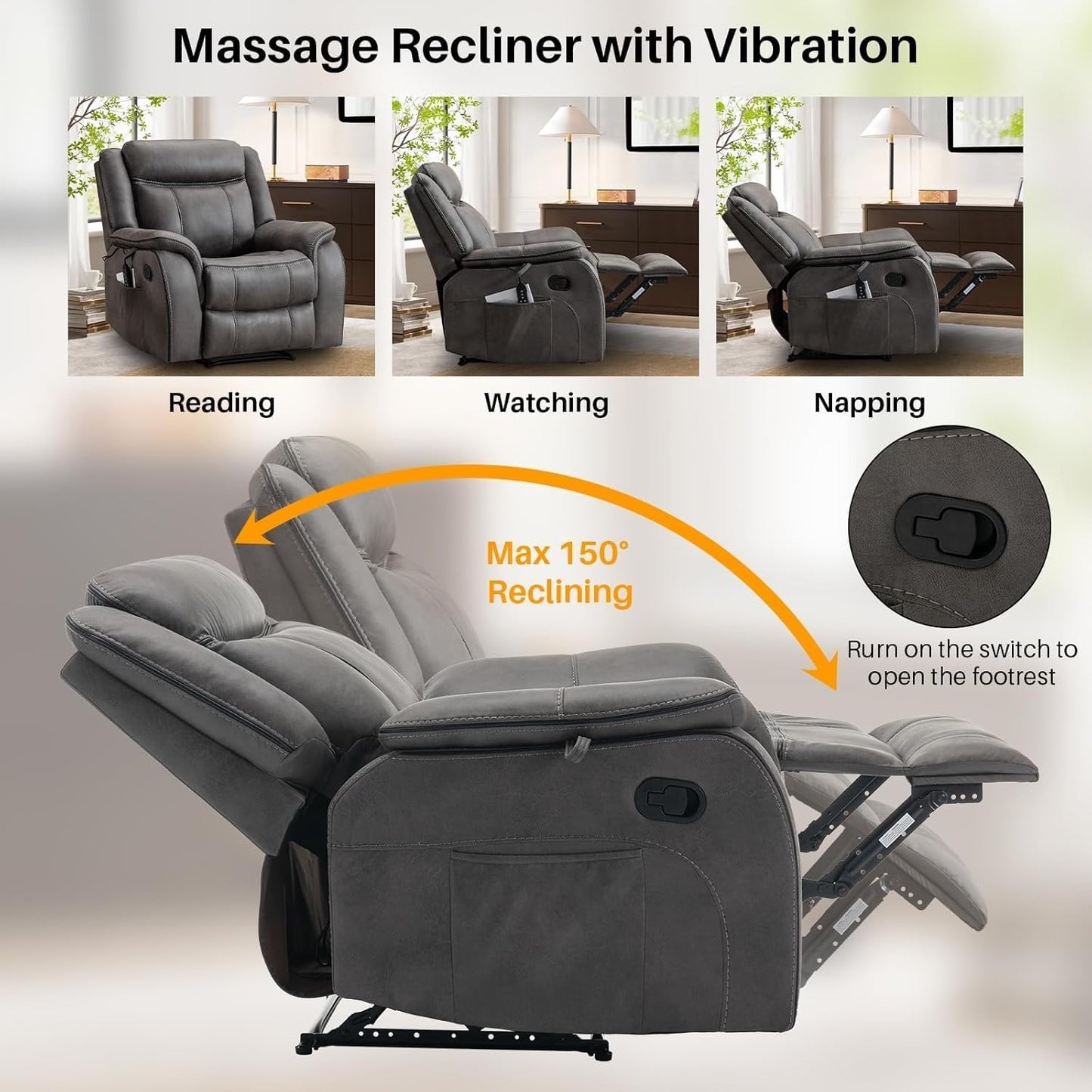 Massage Recliner Chair with Heat 39" Wide Manual Reclining Ergonomic Lounge Chairs Overstuffed Wall Hugger Recliners for Living Room Bedroom Meeting(Black)