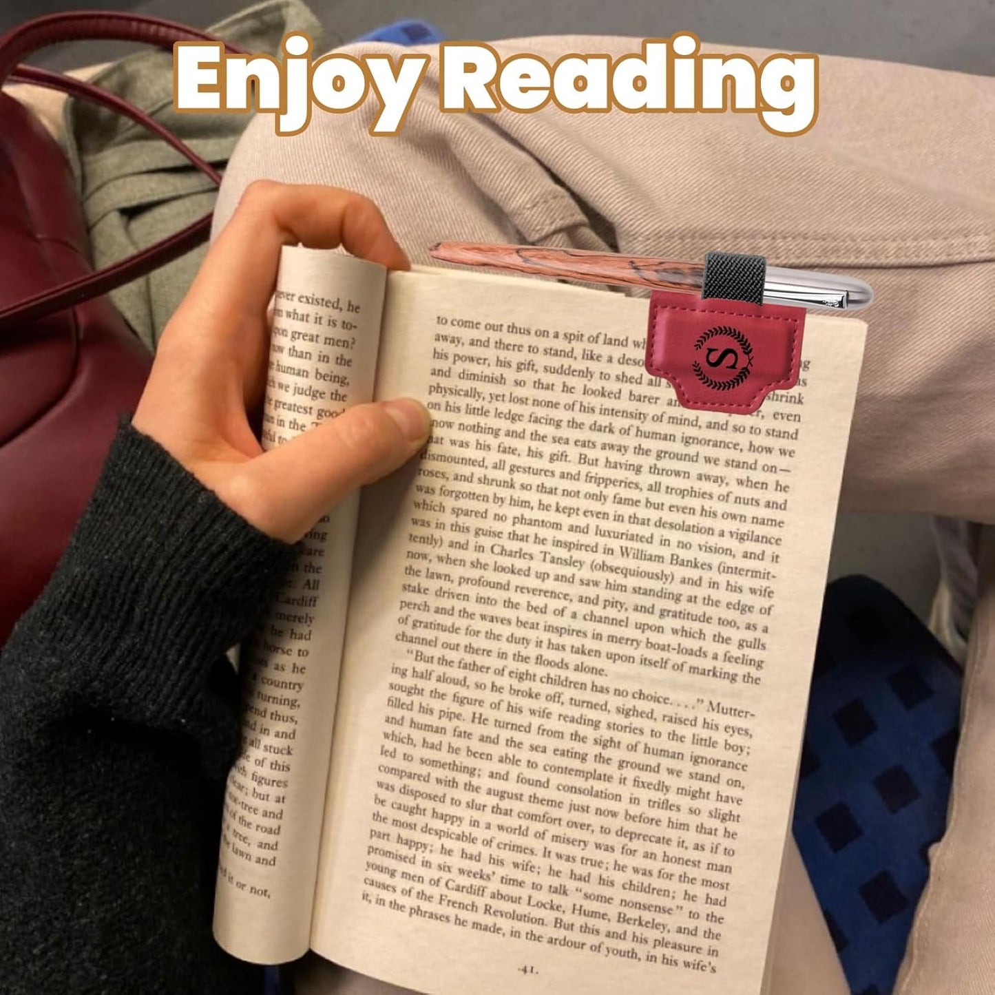 MOTEERLLU Custom Bygonemark Personalized Magnetic Leather Pen Holder Bookmark with Initial for Reading Women, Men, Teacher, Book Lovers Gifts & Accessories(Brown,A)