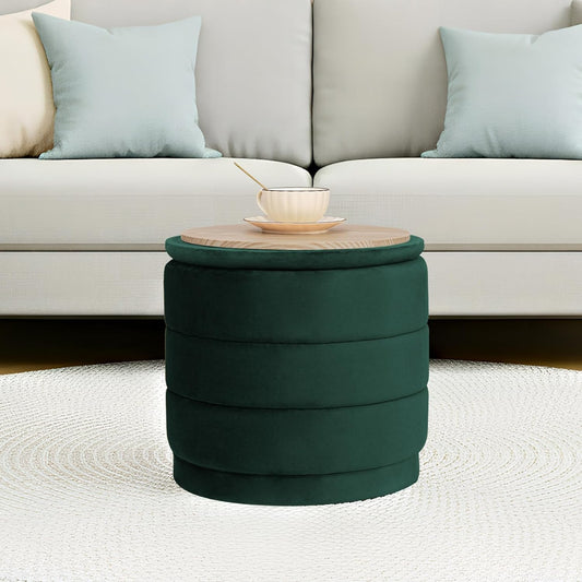 15.4" Round Velvet Storage Ottoman with Reversible Lid, Upholstered Circular Ottoman Footrest with Hidden Storage, Foldable Padded Footstool for Dorm Living Room & Bedroom, Bottle Green