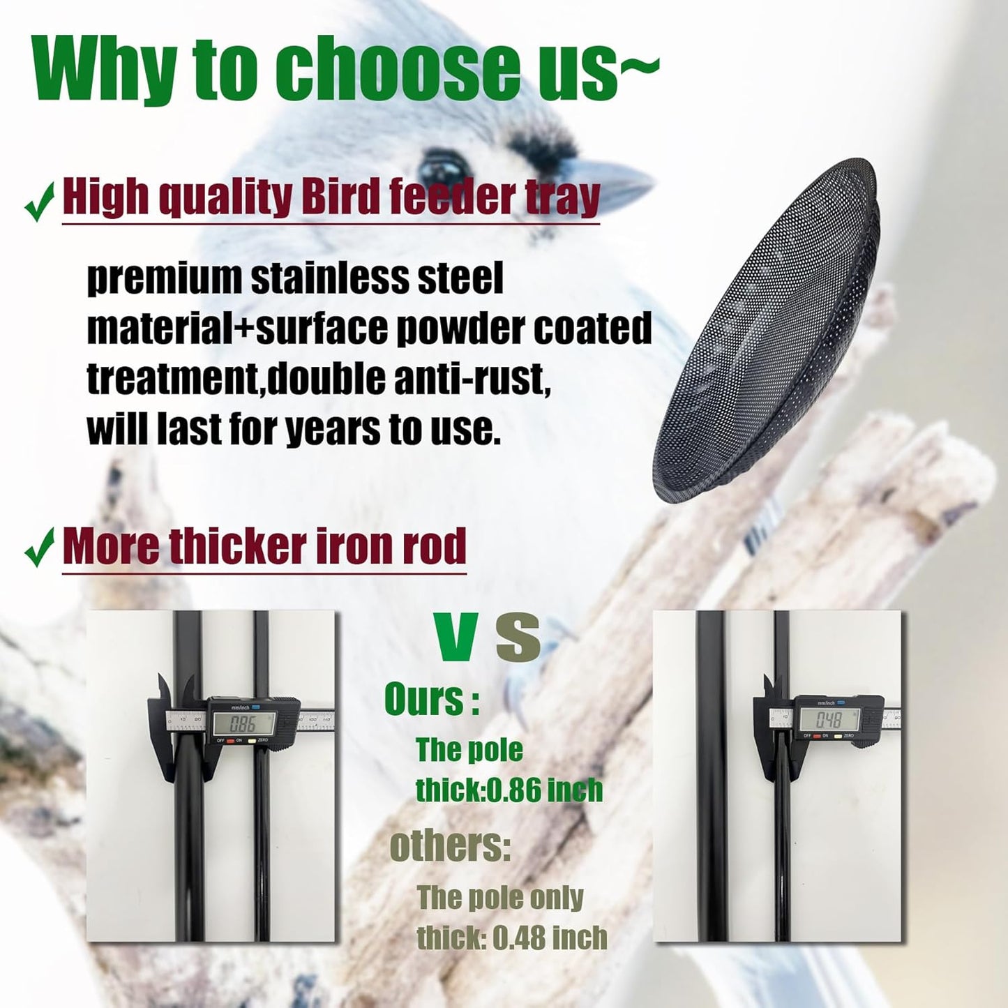 Standing Bird Feeder Tray,11.8" Stainless Steel Large Platform Bird Feeder Mesh Seed Tray with Adjustable Heavy Duty Stand Birds Feeder Pole for Outside Wild Birds in Garden Backyard