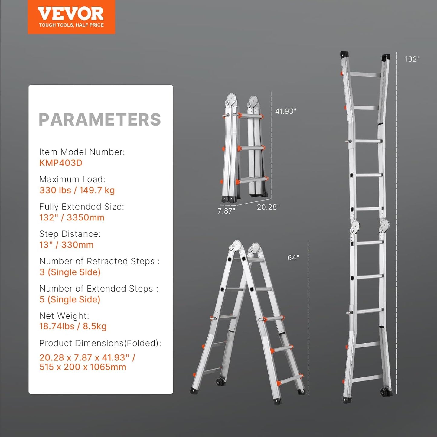 VEVOR 11 FT A-Frame Telescoping Ladder - Compact & Portable Aluminum Ladder, 330lb Load Capacity for Home, Roof, Stairs, Indoor & Outdoor Use
