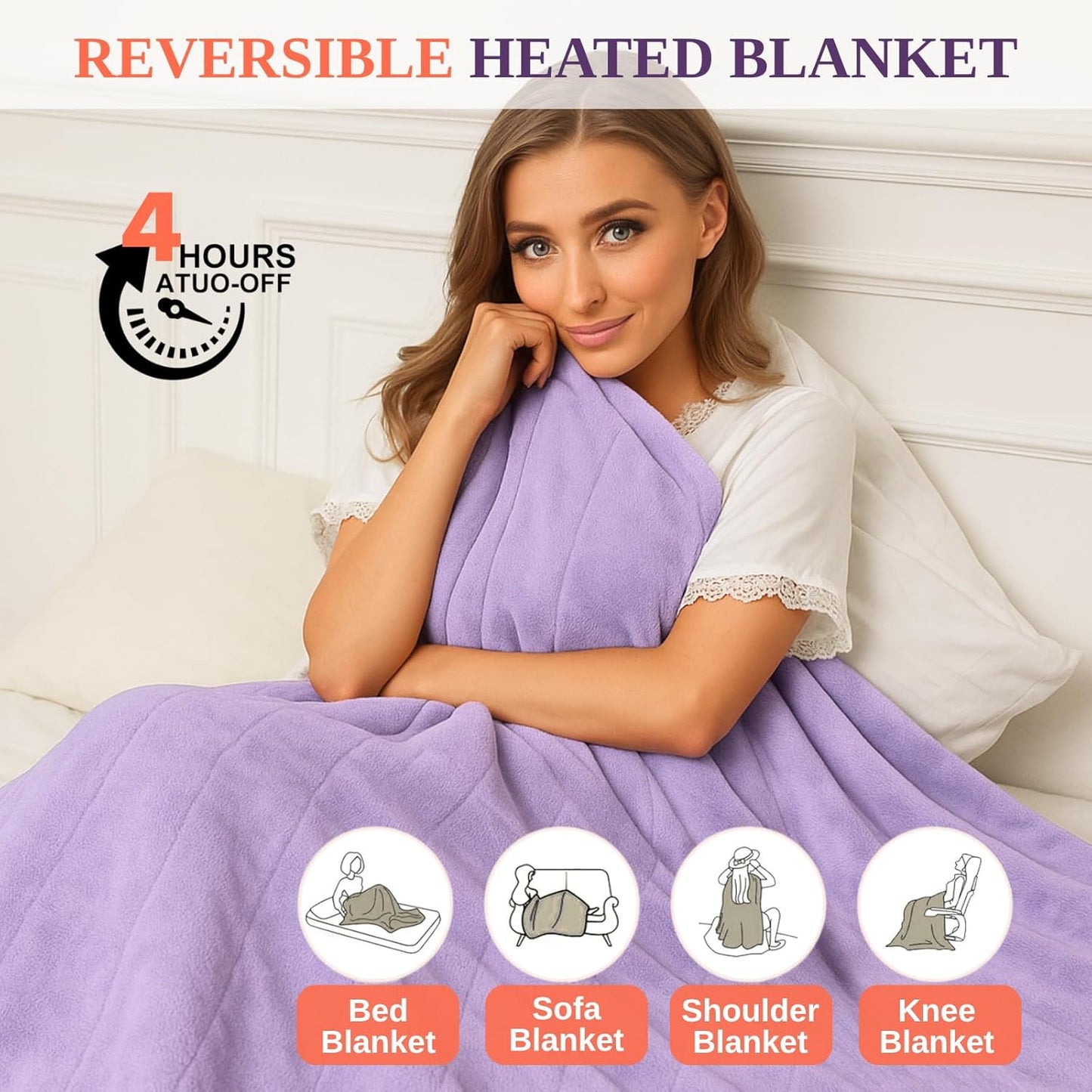 Electric Heated Throw Blanket Sherpa 50"x60" Purple Machine Washable 6 Heat Settings 4 Hours Auto Off Overheat Protection for Home Office Use