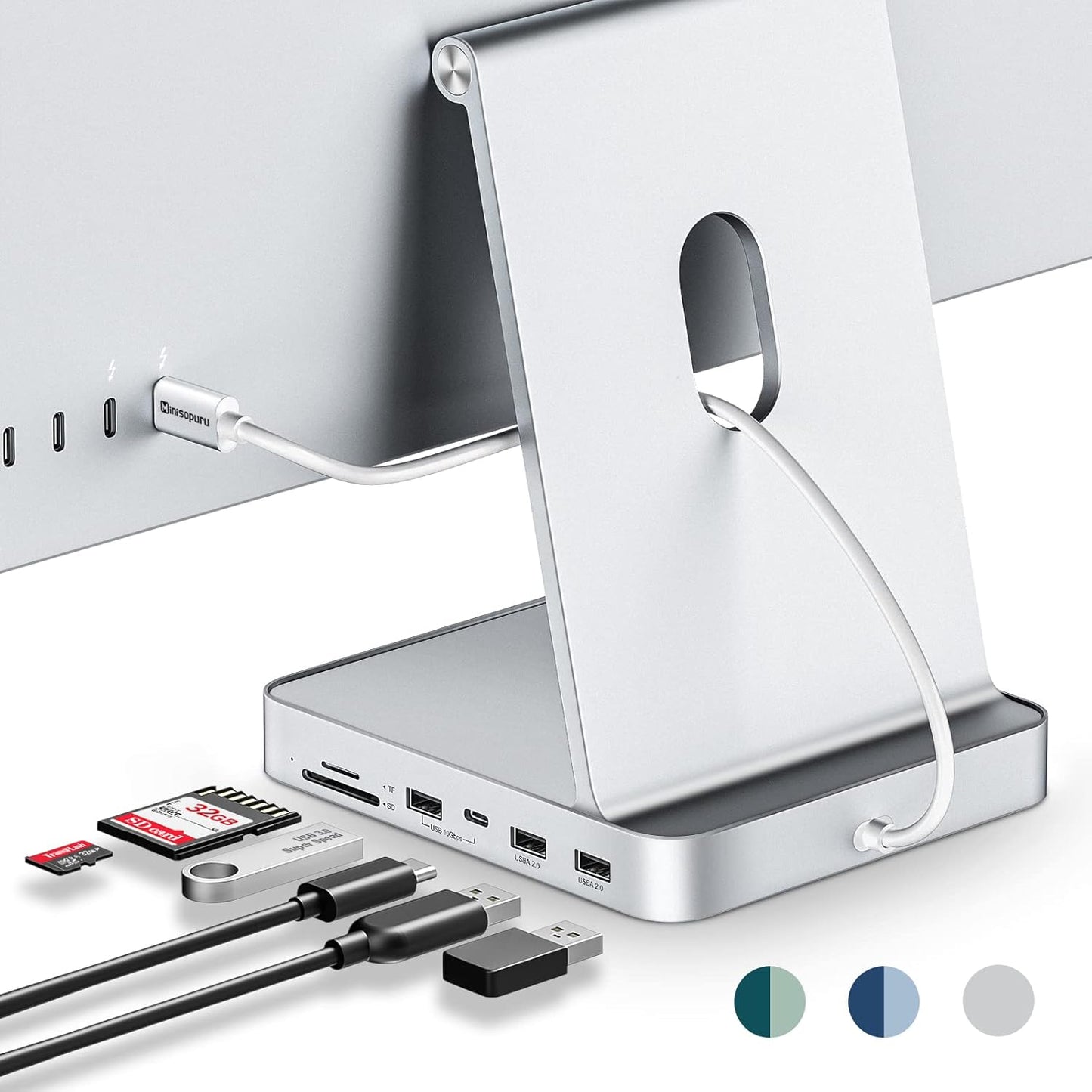 USB C Hub for iMac 24 inch 2021/2023/2024, Minisopuru iMac Hub Support M.2 NVMe SSD, iMac Accessories for iMac M1/M3/M4, iMac Adapter with USB A/C 10Gbps, SD/TF, M.2 SSD (Not Included), Silver