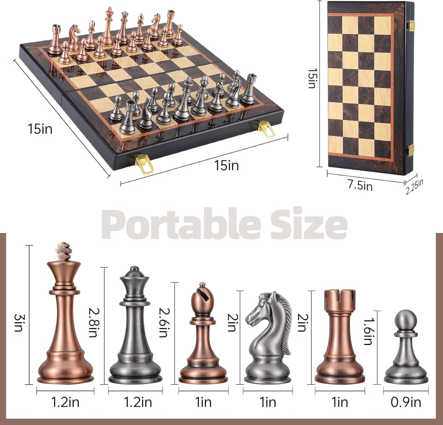 Ajedrez Luxury 15" Wooden Chess Set - Folding Board with Piano Finish | Weighted Metal Chess Pieces | Portable Travel Game for Adults & Kids | Premium Gift