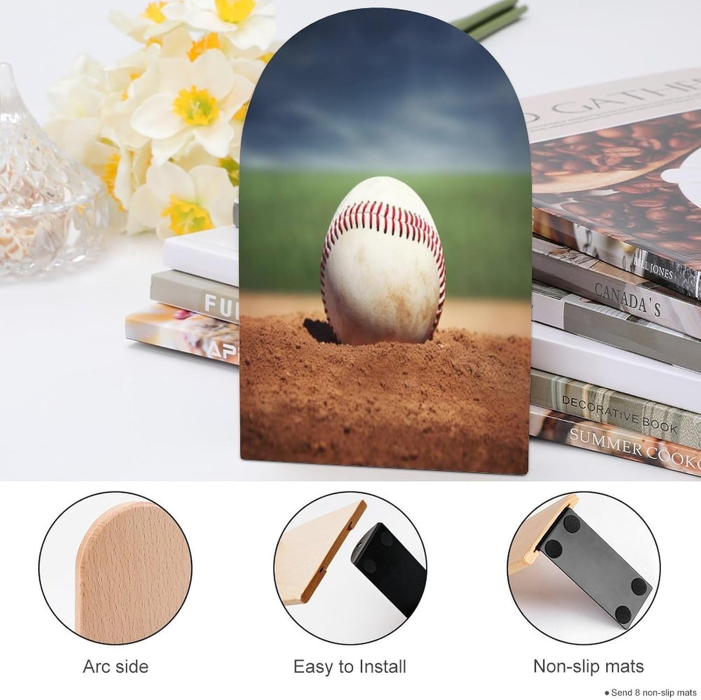 Baseball Bookend for Shelves Wooden Book End Large Size Sturdy Book Holders Stoppers with Metal Base for Bookshelves Slick Decorative Bookends Stands
