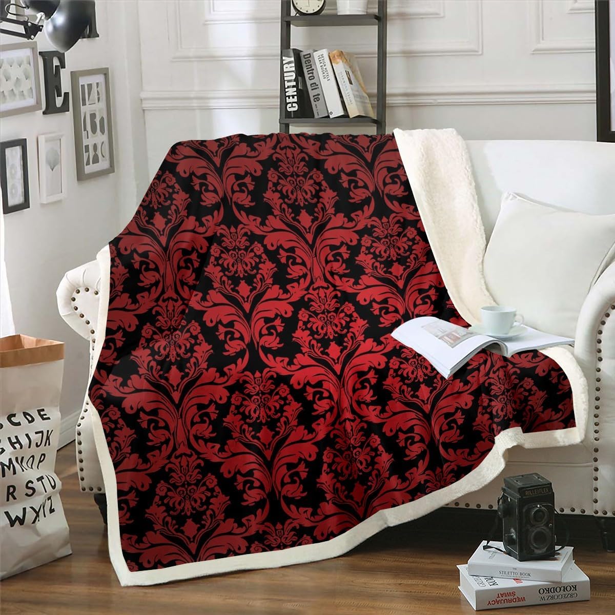 Erosebridal Boho Floral Blanket Victorian Throw Blanket 40"x50",Gothic Paisley Fleece Blanket Baroque Vintage Damask Goth Bed Blanket,Red Black Antique Exotic Flowers Bohemian Decor