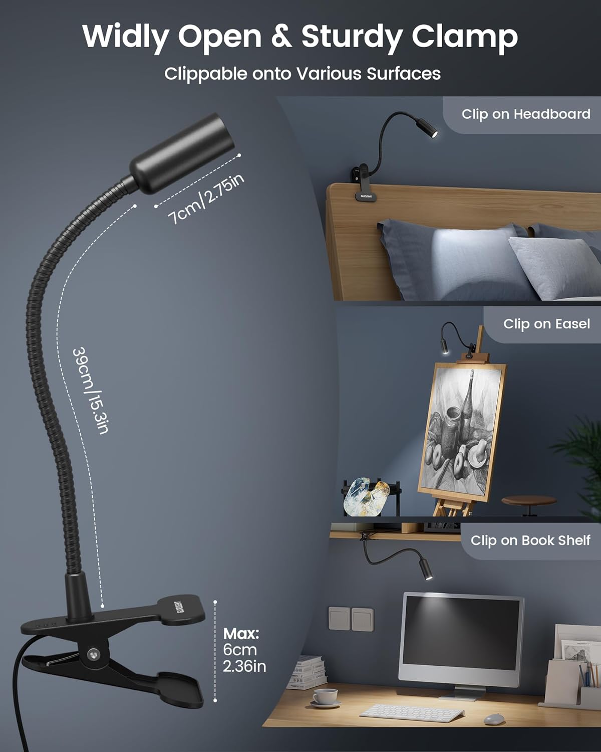 Glocusent Clip on Light: 10 Brightness Levels from 20 to 180LM LED Reading Light with Clamp and Flexible Gooseneck - Eye Caring Book Lights for Reading at Night, Clip on Desk Bed Headboard