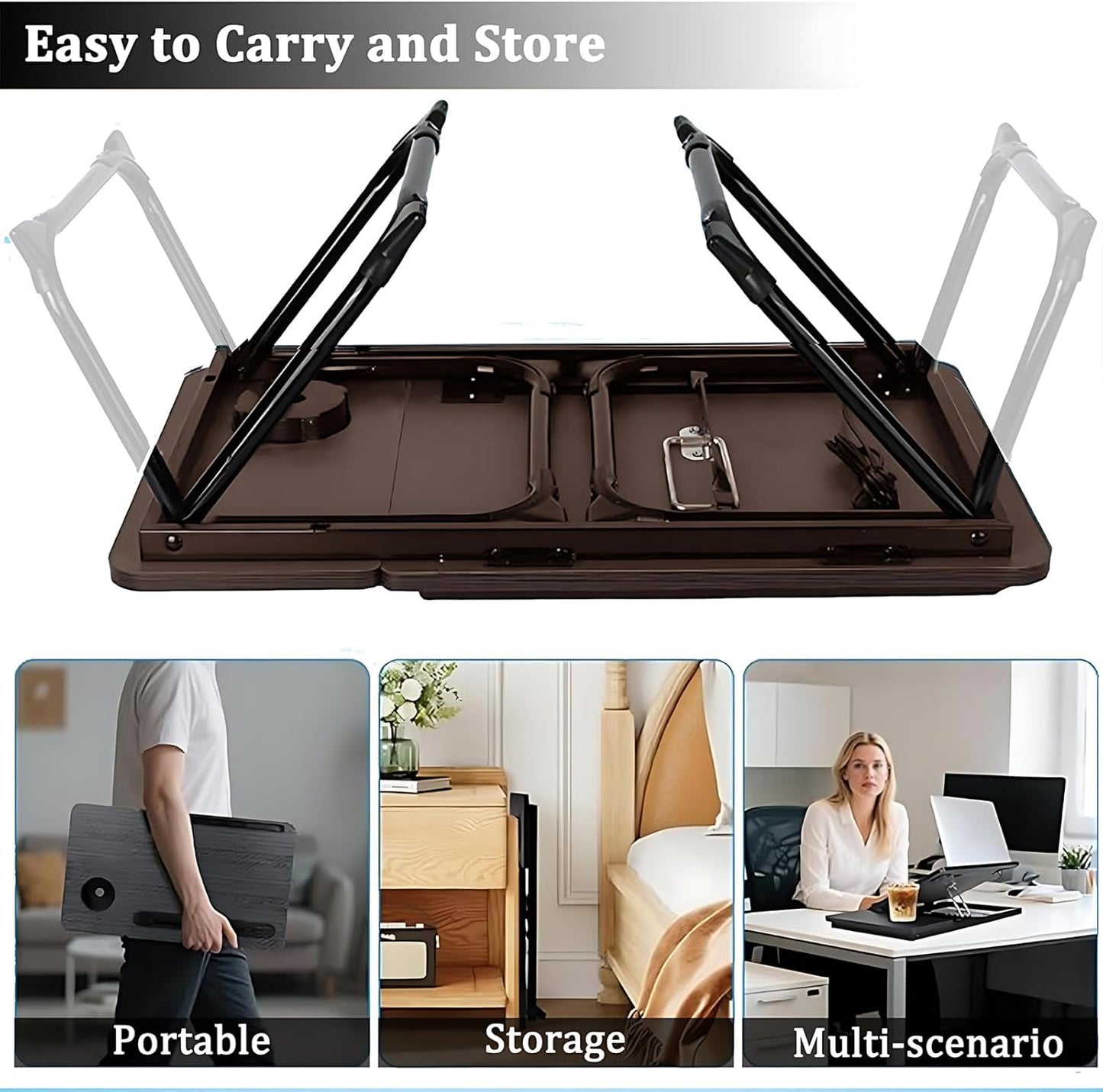 Adjustable Laptop Stand for Bed, Lap Desk, Portable Laptop Table with Cup and Tablet Card Slot, with Baffle Design to Prevent Items from Falling, Suitable for Studying and Working (Black-Upgraded)