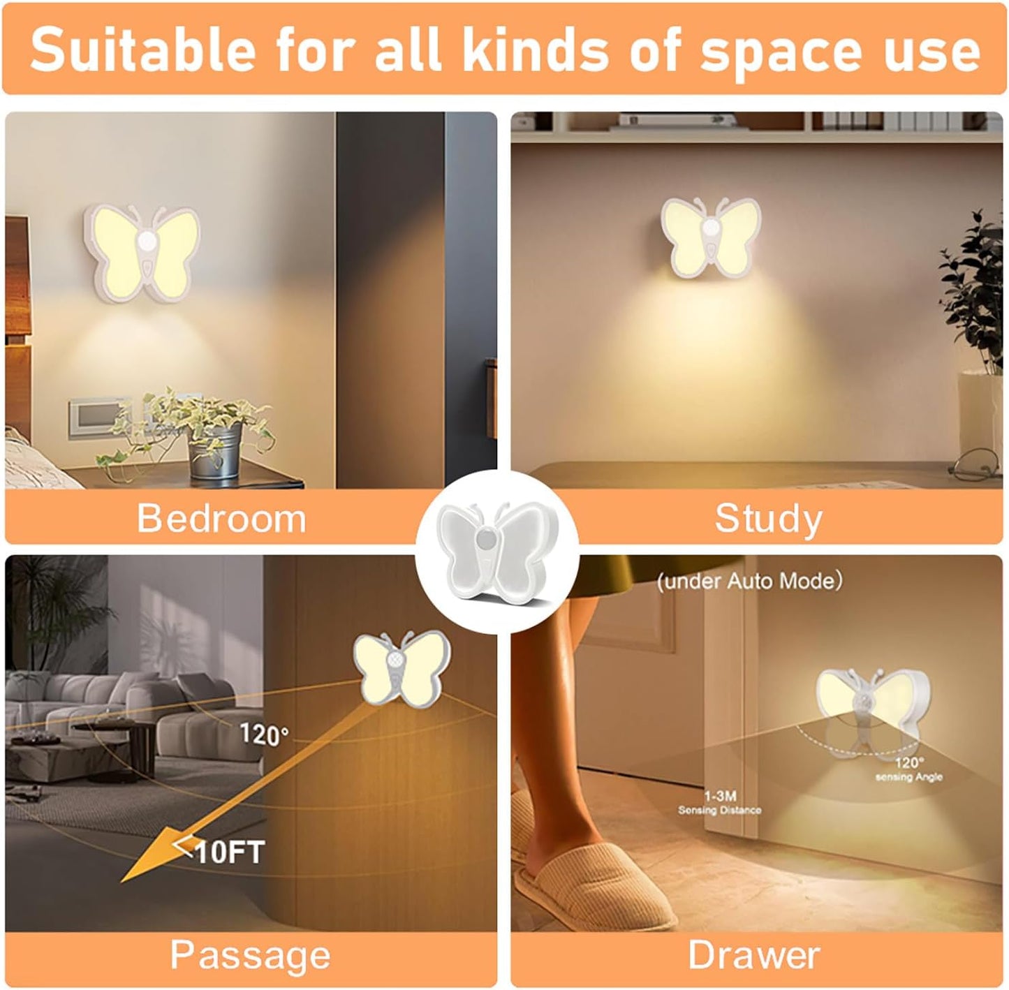 Dimmable Butterfly LED Night Light for Kids Bright Motion Sensor Night Light Lamp with Spotlight Magnetic Rechargeable Nightlight Rechargeable Nightlight for Kid Room, Bedroom, Hallway, Stairs