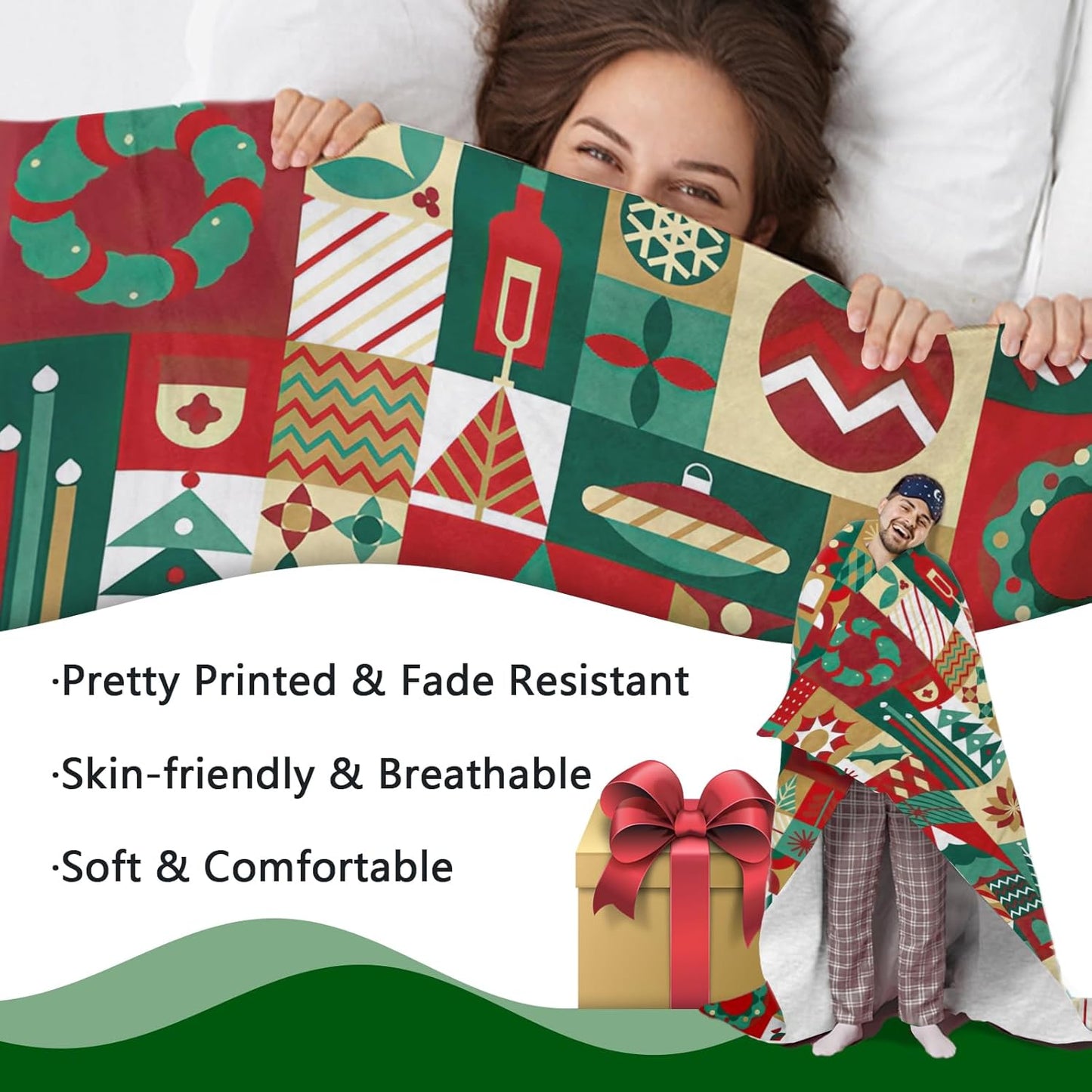 Christmas Geometric Flannel Throw Blanket, Colorful Xmas Tree Balls Wreath Birthday Gifts for Kids Men Women, Winter Holiday Soft Blankets for Bedding Sofa 50 x 60 Inches
