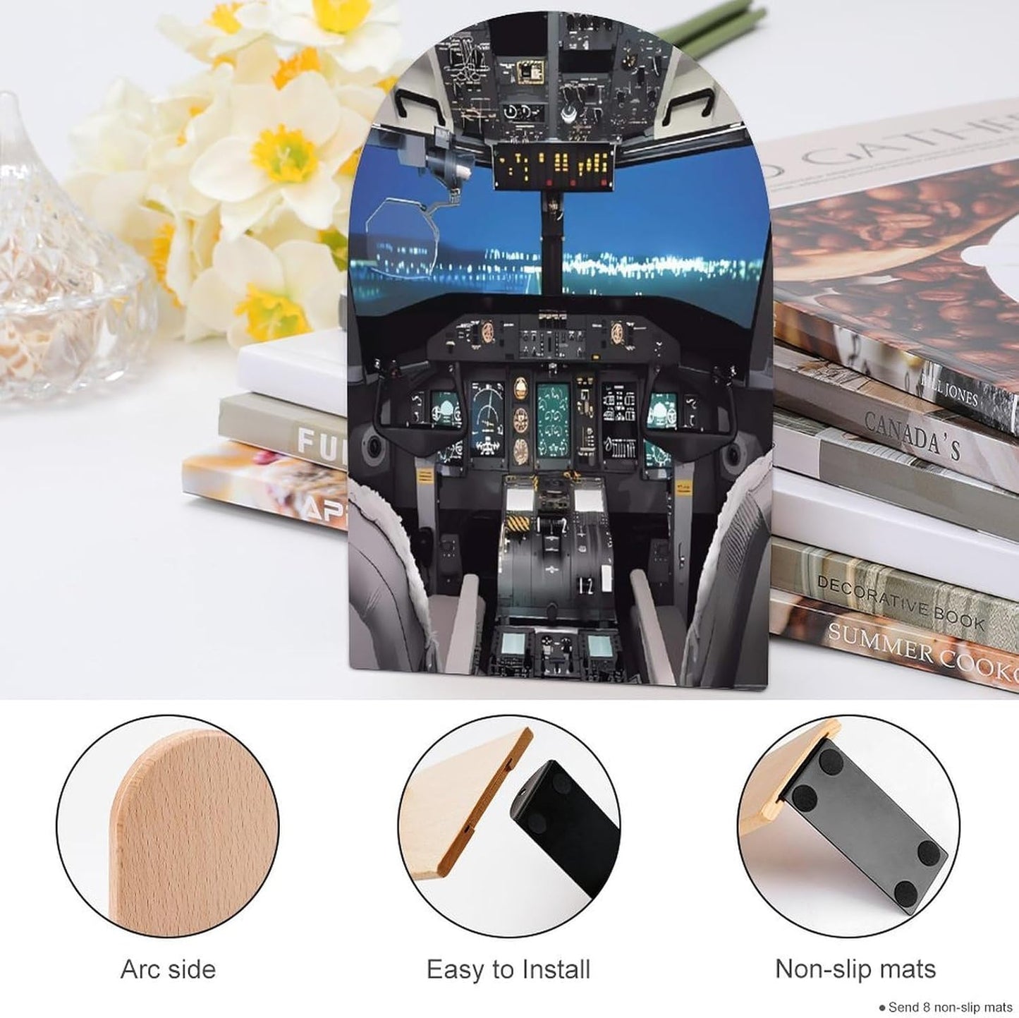 Airplane Cockpit Wooden Bookend Non-Slip Book Ends Heavy Duty Book Stopper with Metal Base Books Holderd Decorative Bookends Stands Firmly for Office Supplies