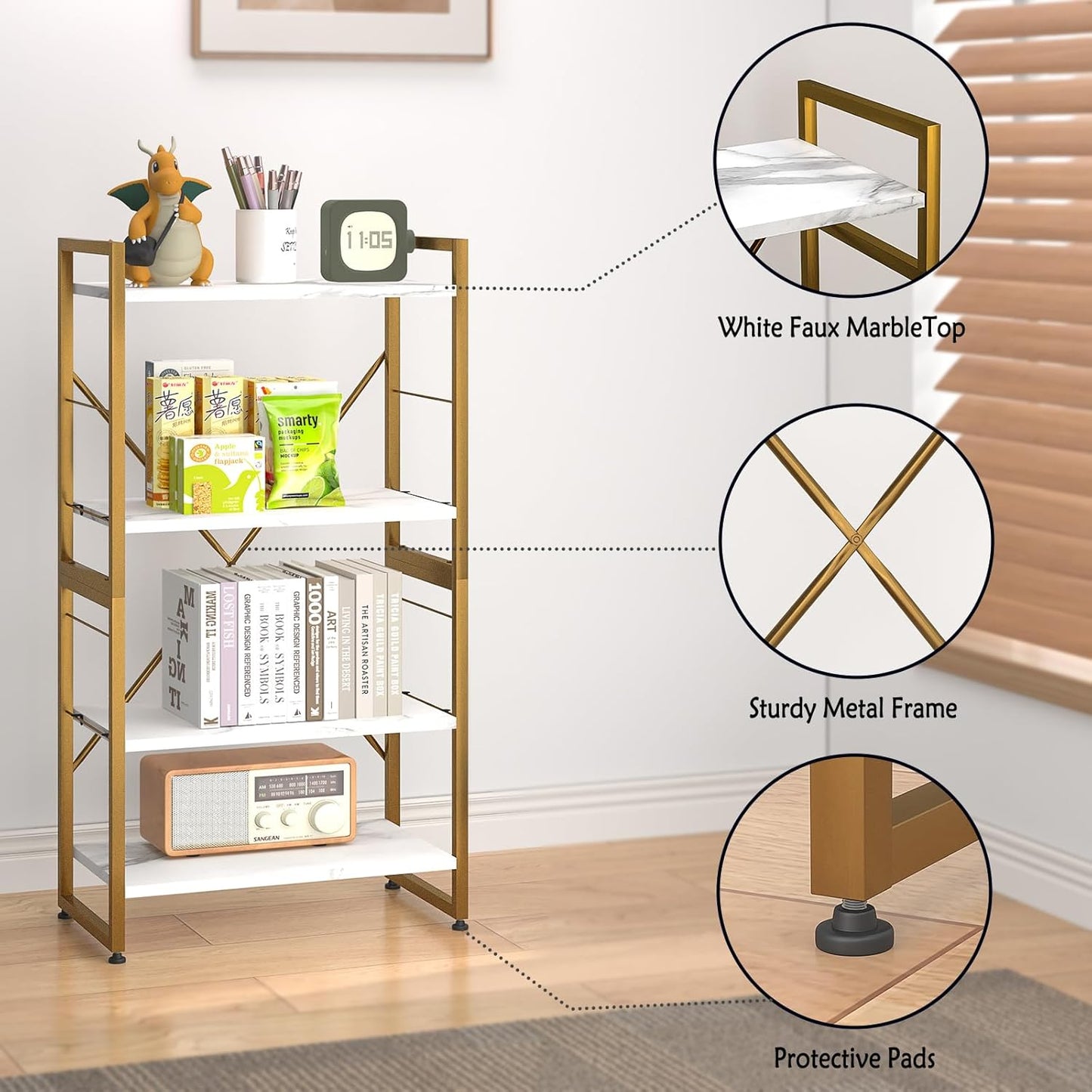4 Tiers Bookshelf Adjustable White Faux Marble Organizer, Modern Small Bookcase for Small Space,Industrial Wooden Storage Display Rack and Storage Organizer for Living Room Home Office(Glod)