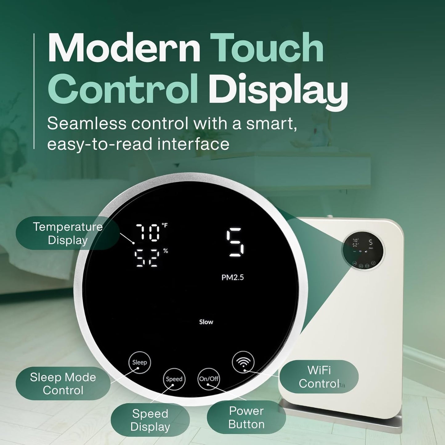 Air Purifier for Home - Smart WiFi App - Ultra Quiet 20 dB - Removes Allergens, Smoke & Odors - 99.97% Particle Filtration - Up to 1200 ft - Klarta Forste Wood Black