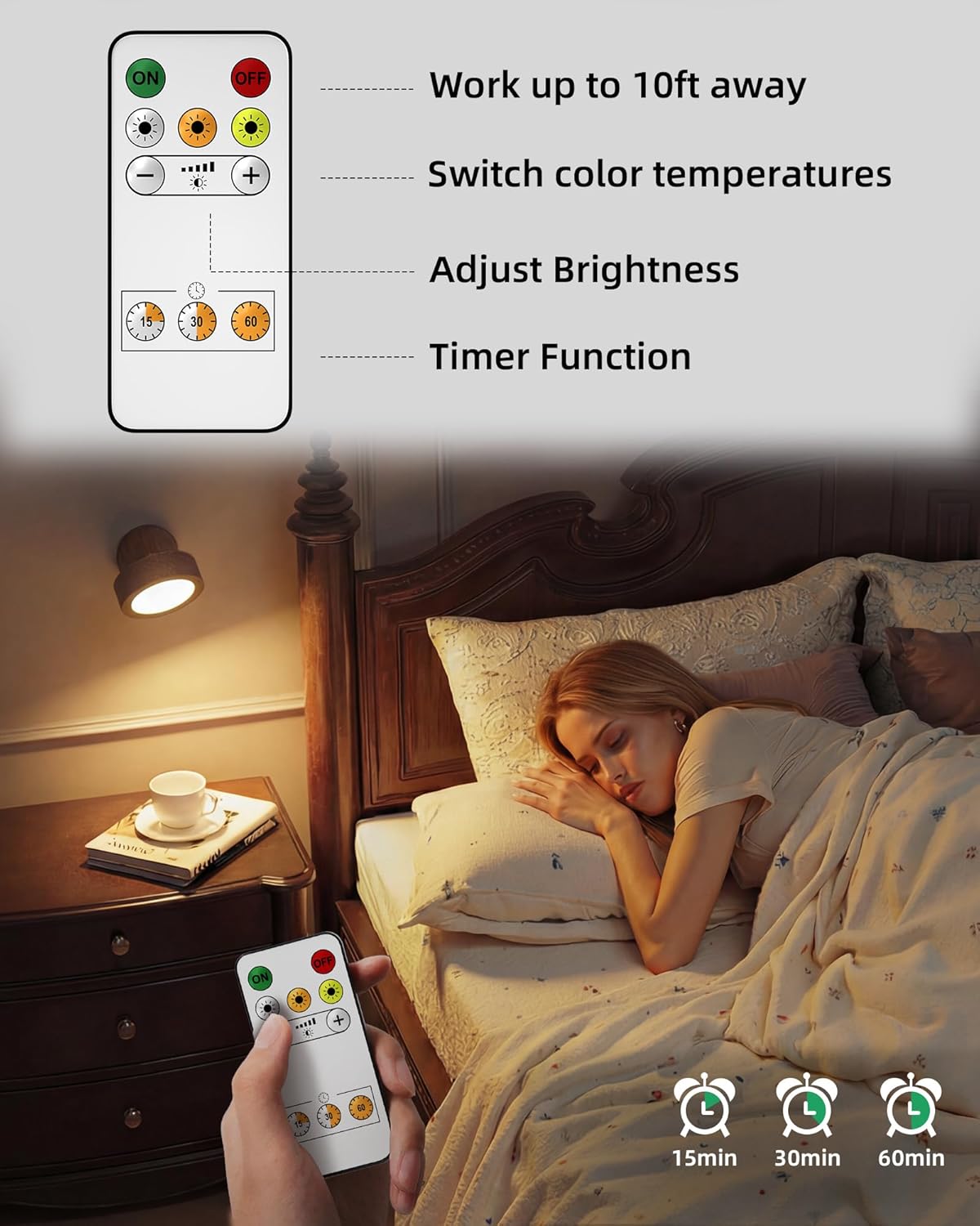 EZVALO LED Wall Mounted Light, 3000mAh Rechargeable Cordless Wall Sconce, Dimmable with Remote & Touch Control, 3 Color Temps, 360° Rotatable for Bedroom, Bedside, Reading(Walnut, 2Pack)
