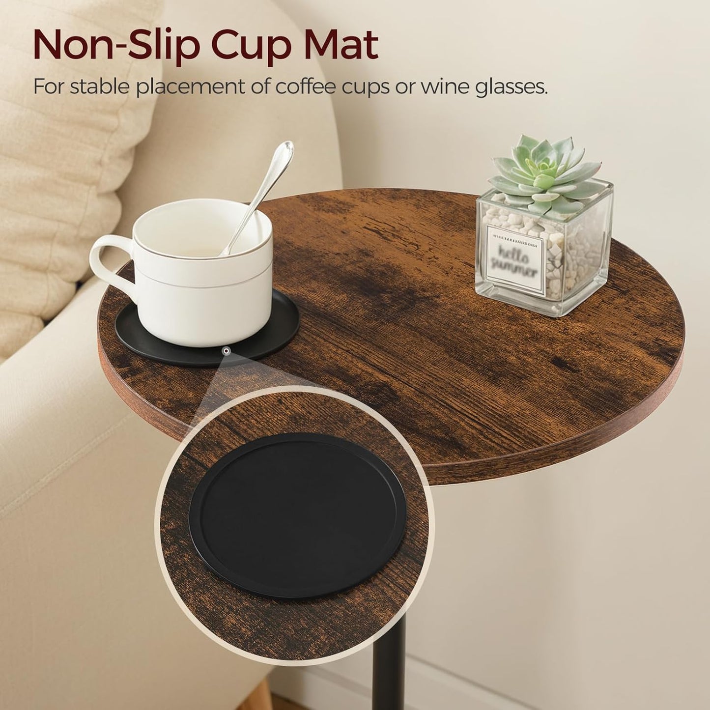 Set of 2 Small Round Side Table, Adjustable Height Drink Table, Pedestal Side Table with LED Light and Cup Mat, Coffee Martini Table, for Small Spaces, Rustic Brown and Black ETHR32E01S2