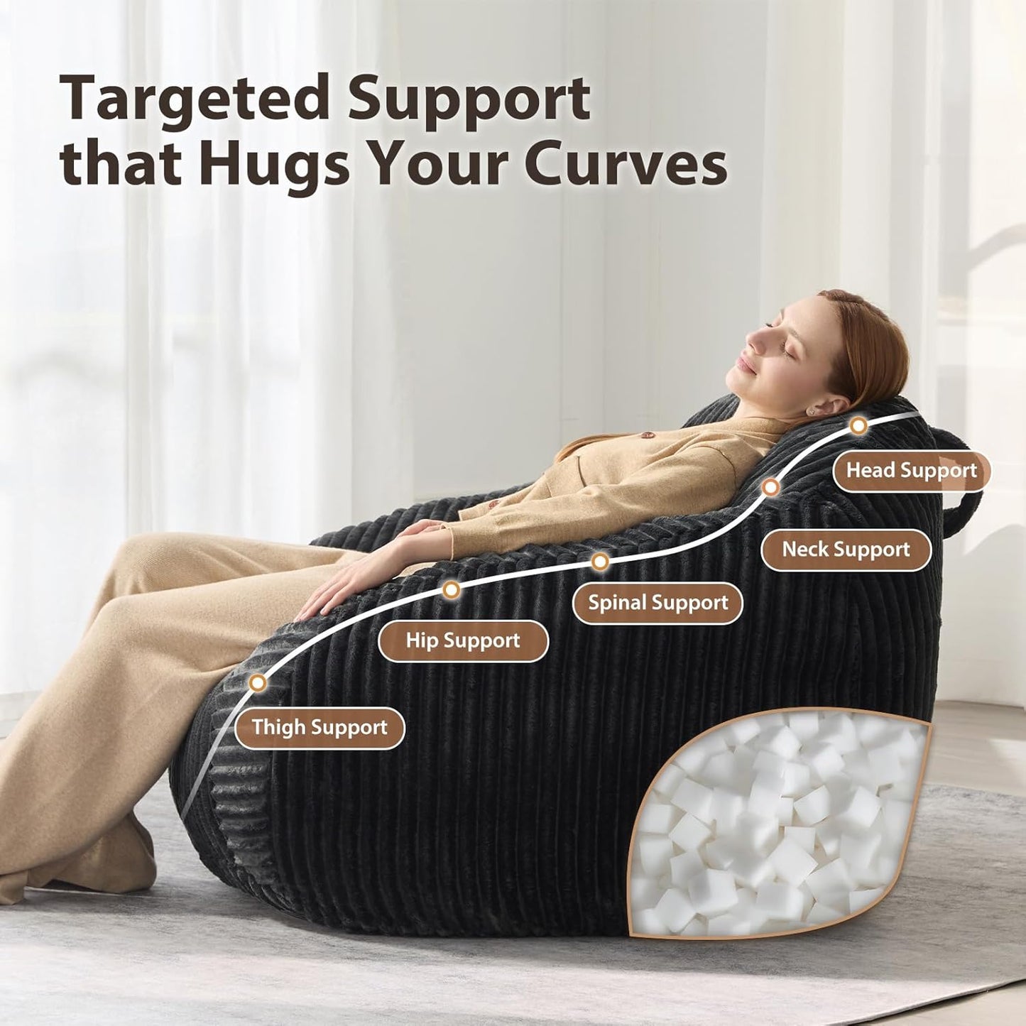 HUGHEAVEN Giant Bean Bag Chair for Adults & Kids, Comfy Big Bean Bag Couch with Armrests, Cozy Large Reading Chair with Back Support, Oversized Sofa for Bedroom, Living Room or Lounge, Black