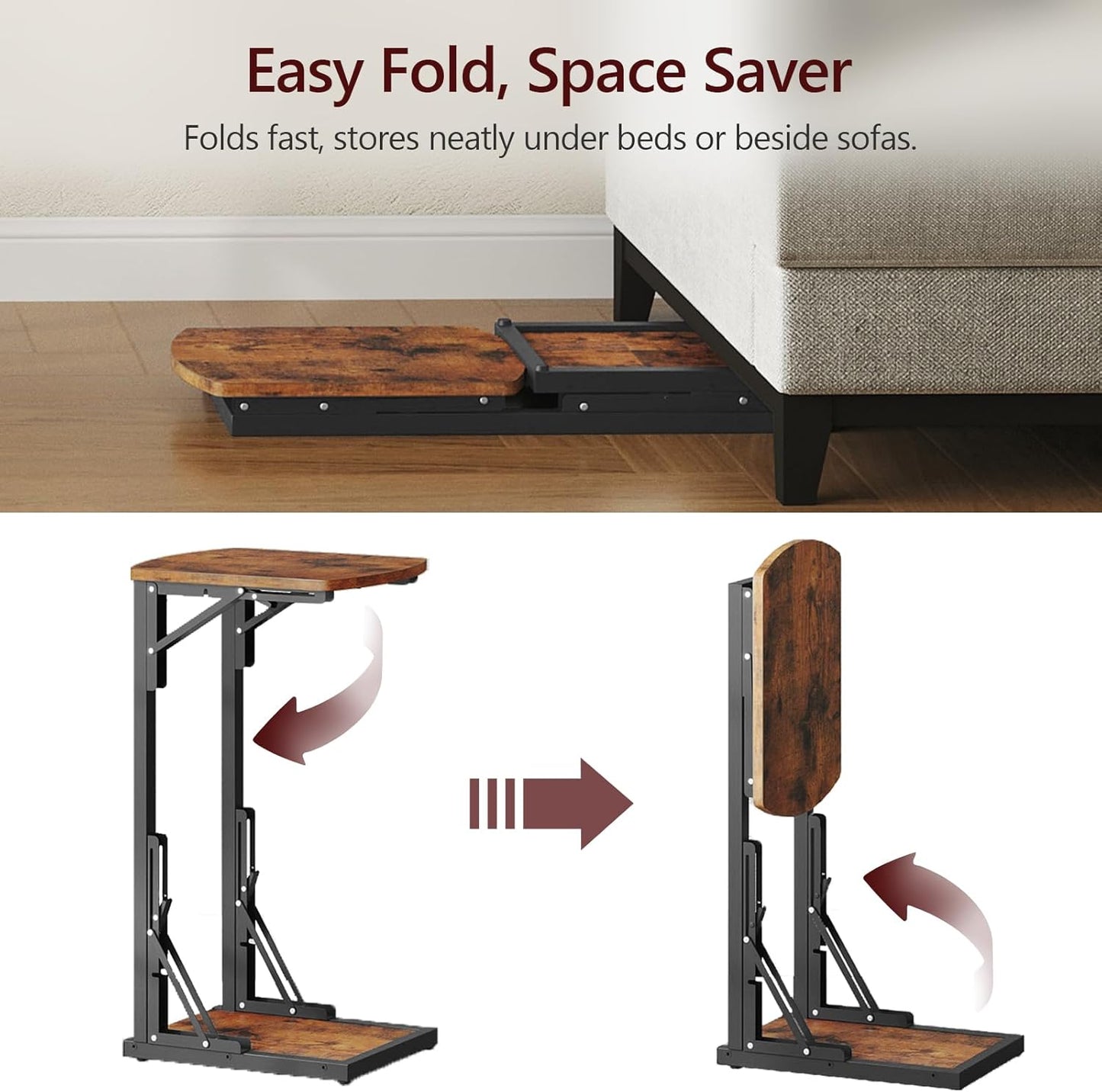 Set of 2 Folding Samll Side Table, C-Shaped End Table for Couch, Slide Under Couch Side Table for Sofa Bed, Folding End Table for Small Spaces, Living Room, Bedroom, Rustic Brown ETHR4101S2